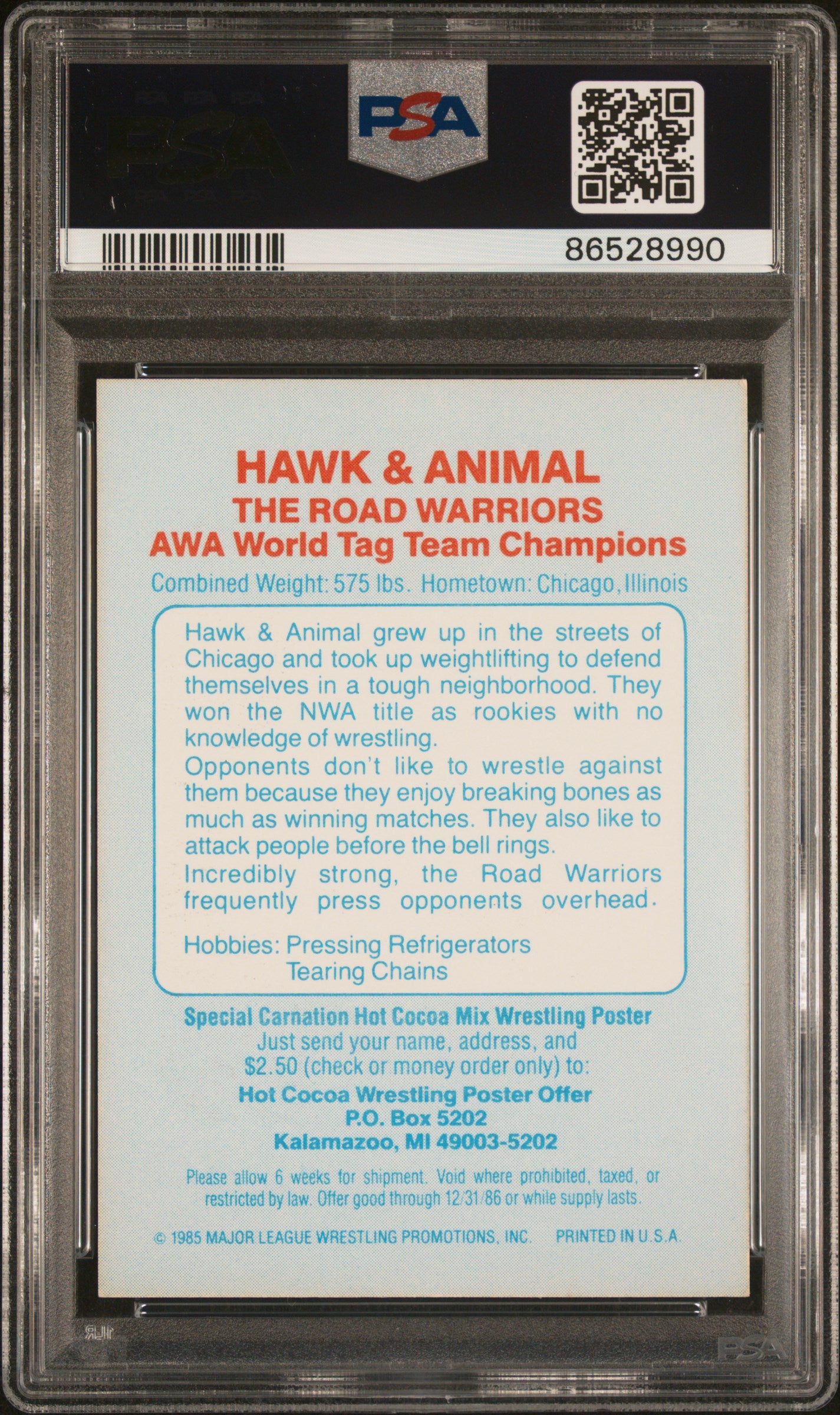 1986 Carnation Major League Wrestling The Road Warriors PSA 7