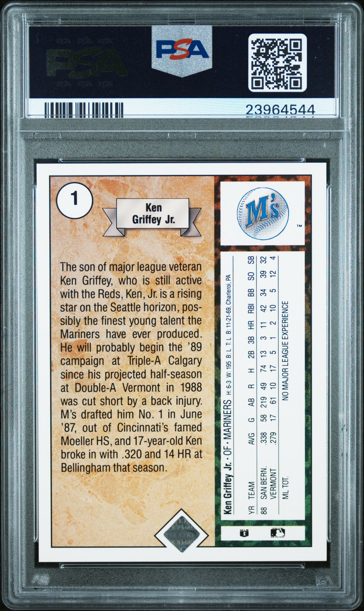 1989 Upper Deck Ken Griffey JR. #1 Star Rookie PSA 10