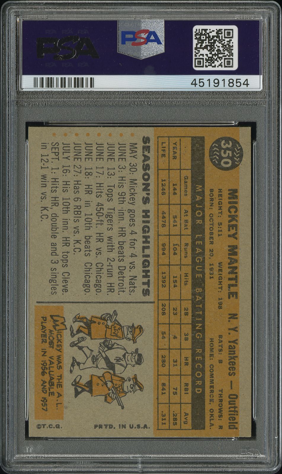 1960 Topps Mickey Mantle #350 PSA 7