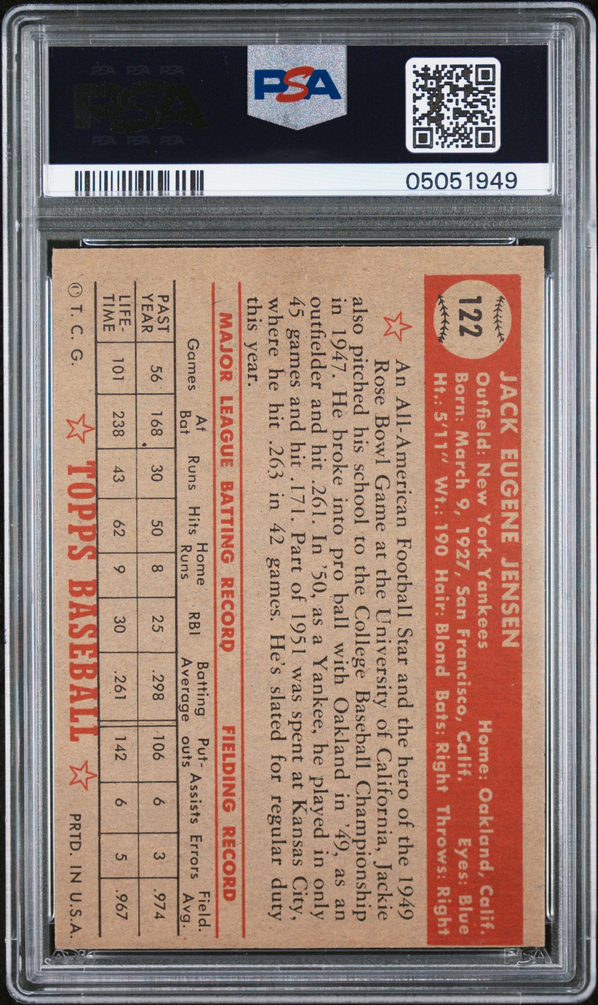 1952 Topps Jack Jensen #122 PSA 7
