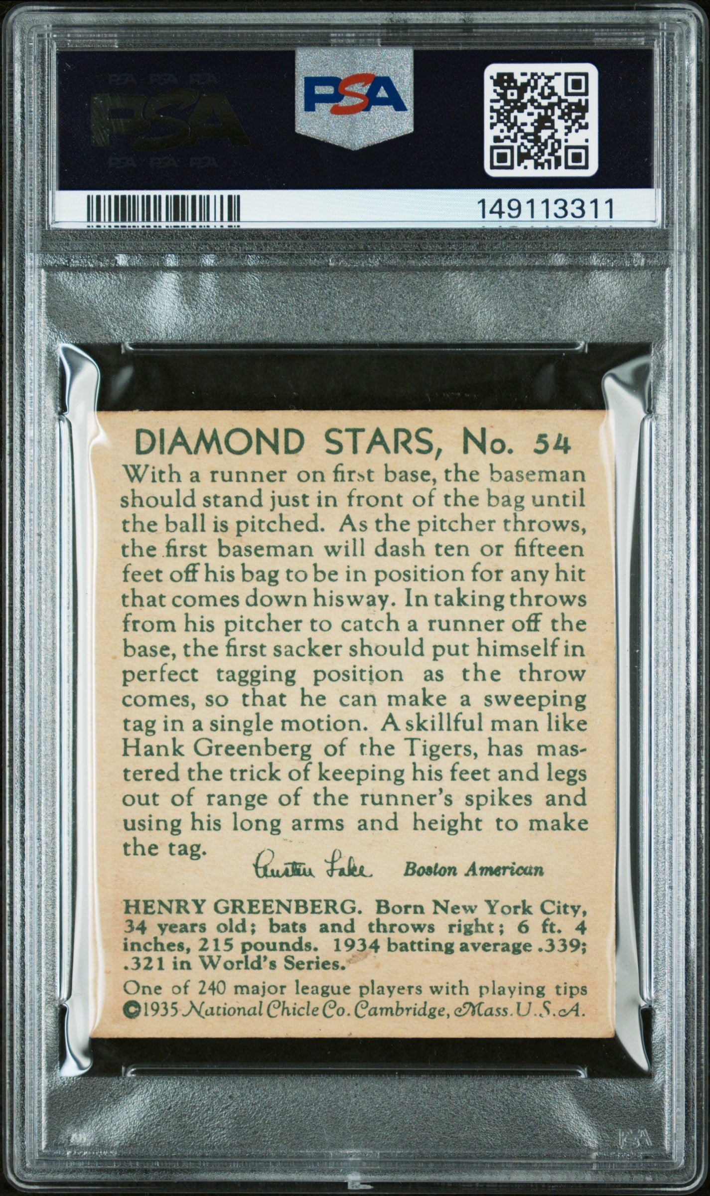 1935 Diamond Stars Hank Greenberg #54 PSA 3