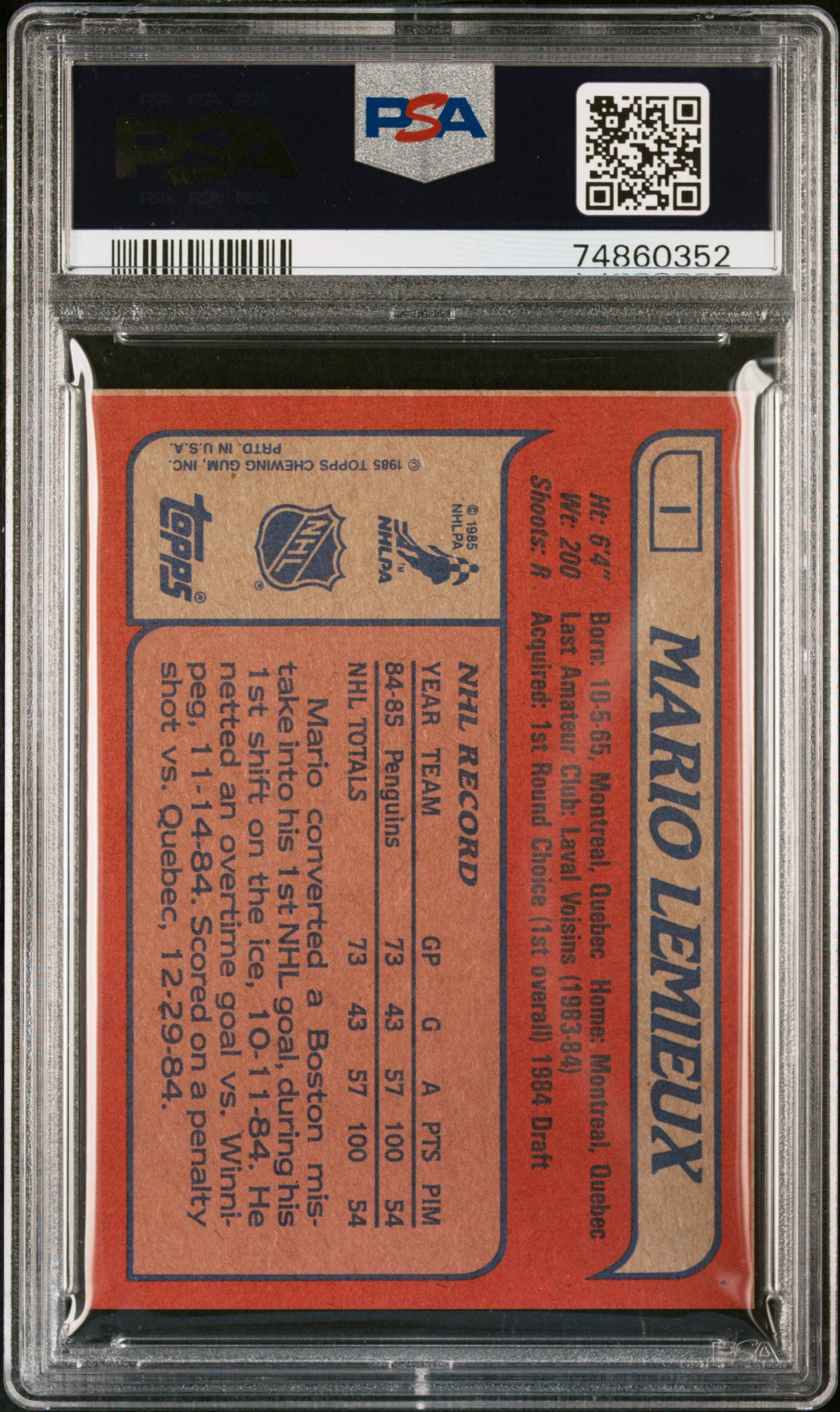 1985 Topps Box Bottoms-Hand Cut Mario Lemieux #I PSA 9