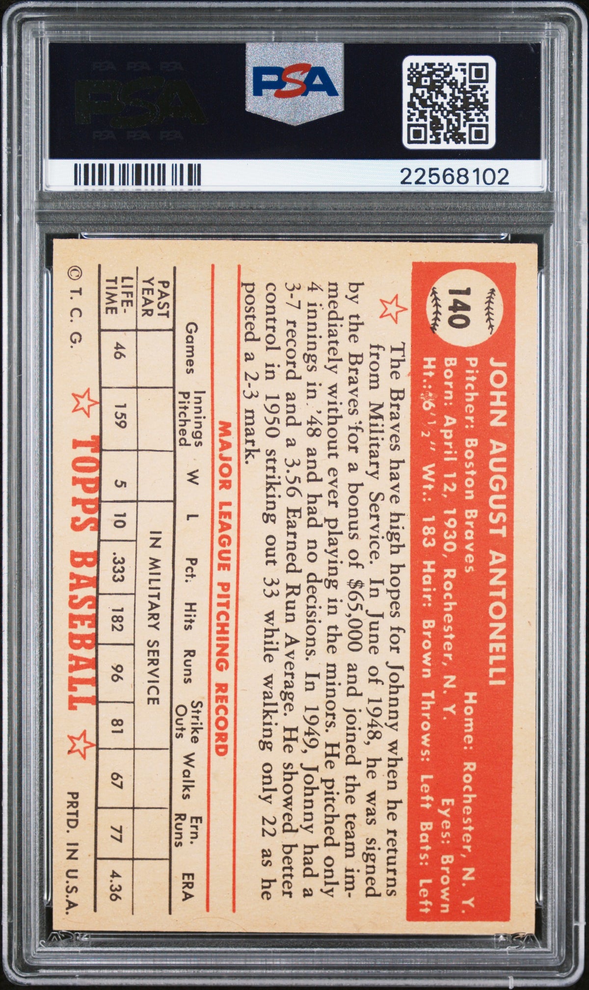 1952 Topps John Antonelli #140 PSA 7 MC