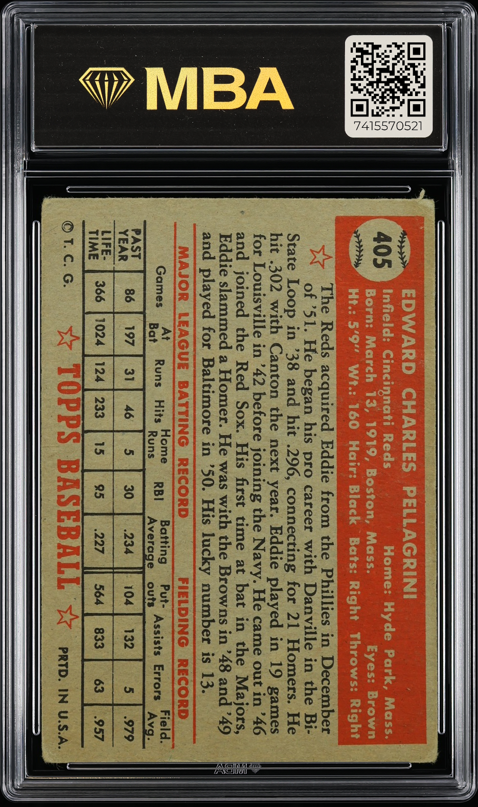 1952 Topps Eddie Pellagrini #405 MBA 2