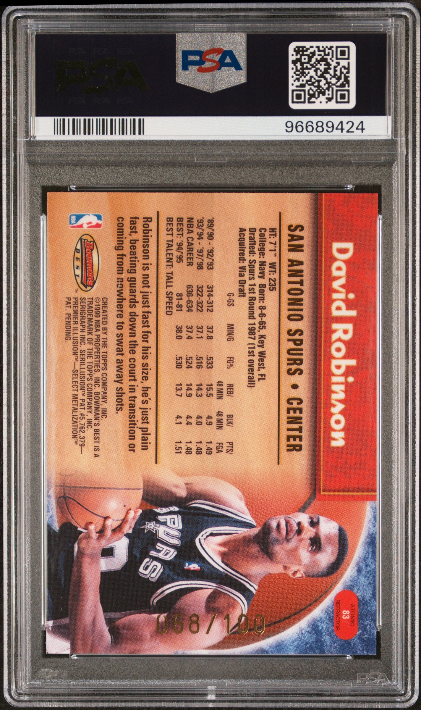 1998 Bowman's Best David Robinson #83 Atomic Refractor PSA 8