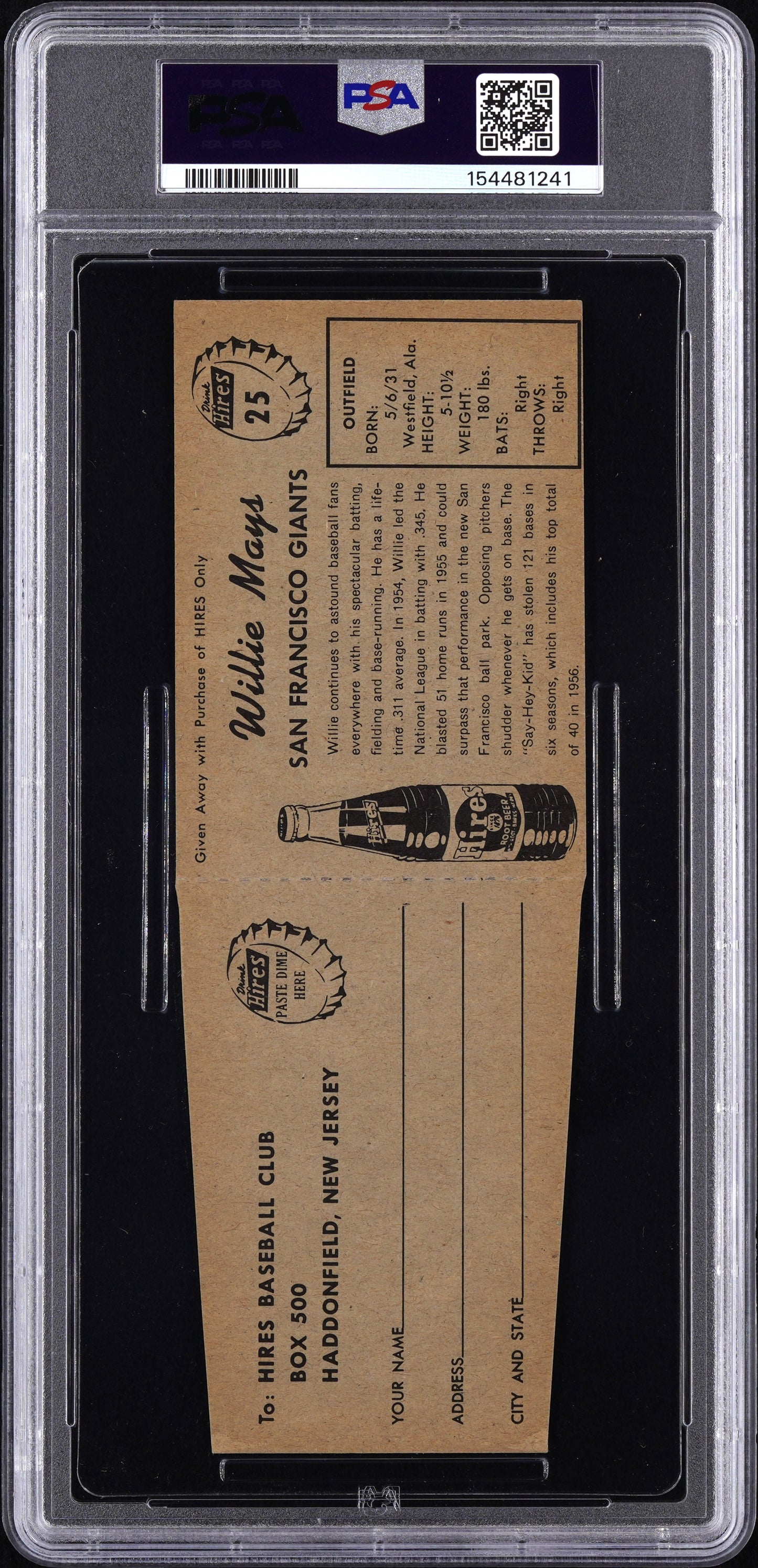 1958 Hires Root Beer Willie Mays #25 With Tab PSA 5