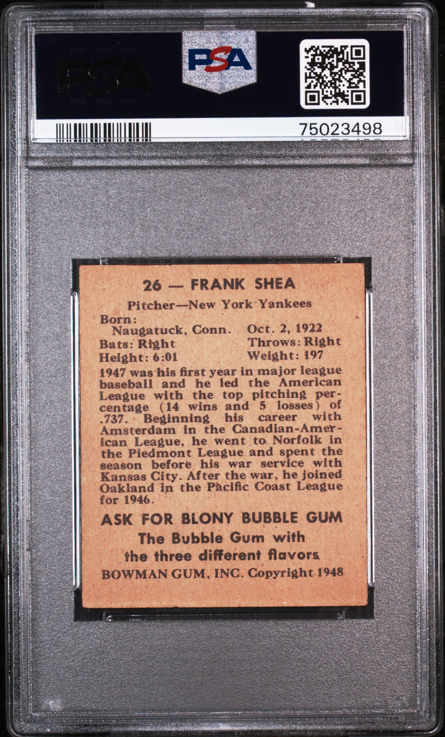 1948 Bowman Frank Shea #26 PSA 8 Oc