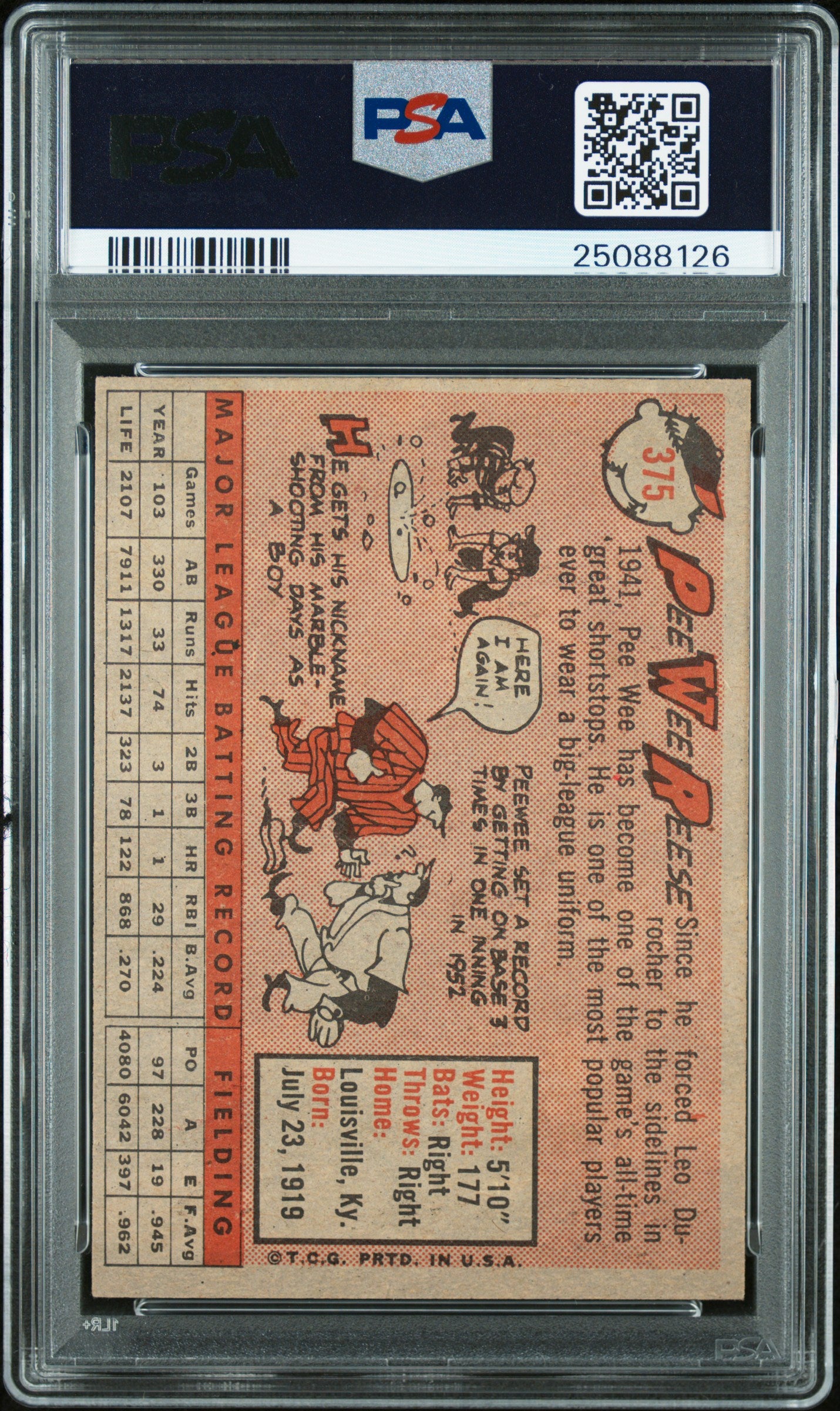 1958 Topps Pee Wee Reese #375 PSA 8