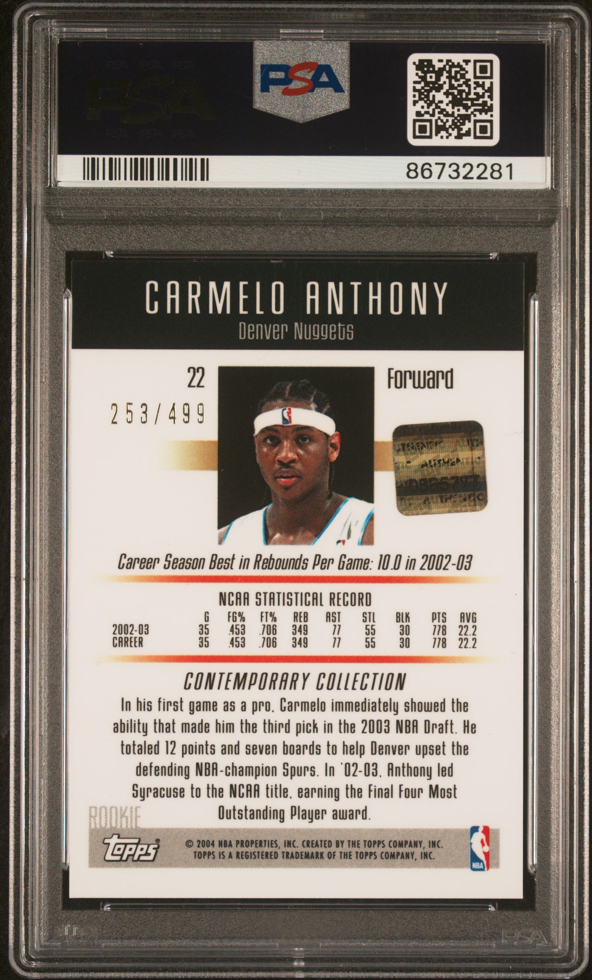 2003 Topps Contemporary Collection Carmelo Anthony #22 Autograph PSA 8 Auto 10