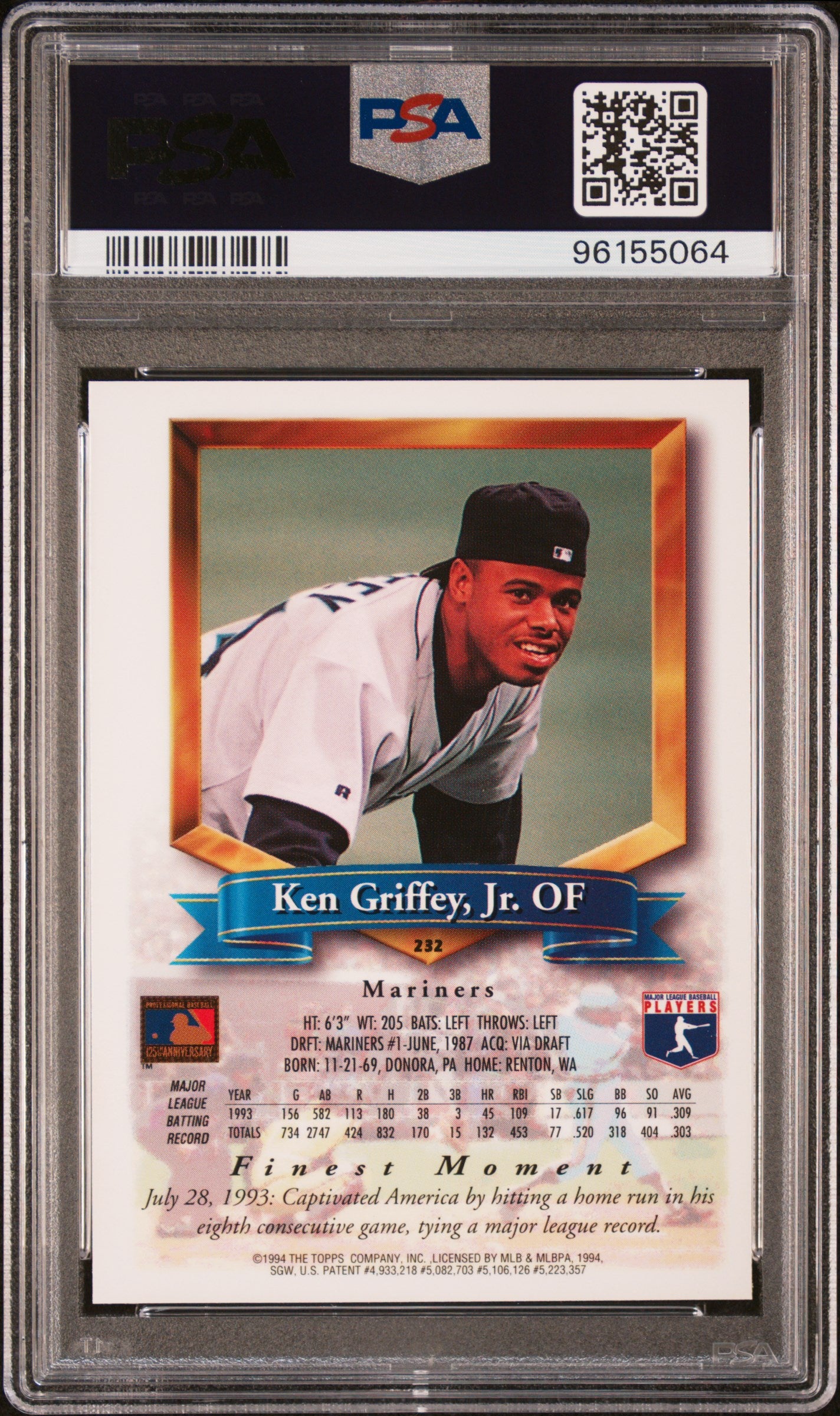 1994 Finest Ken Griffey JR. #232 Refractor PSA 8