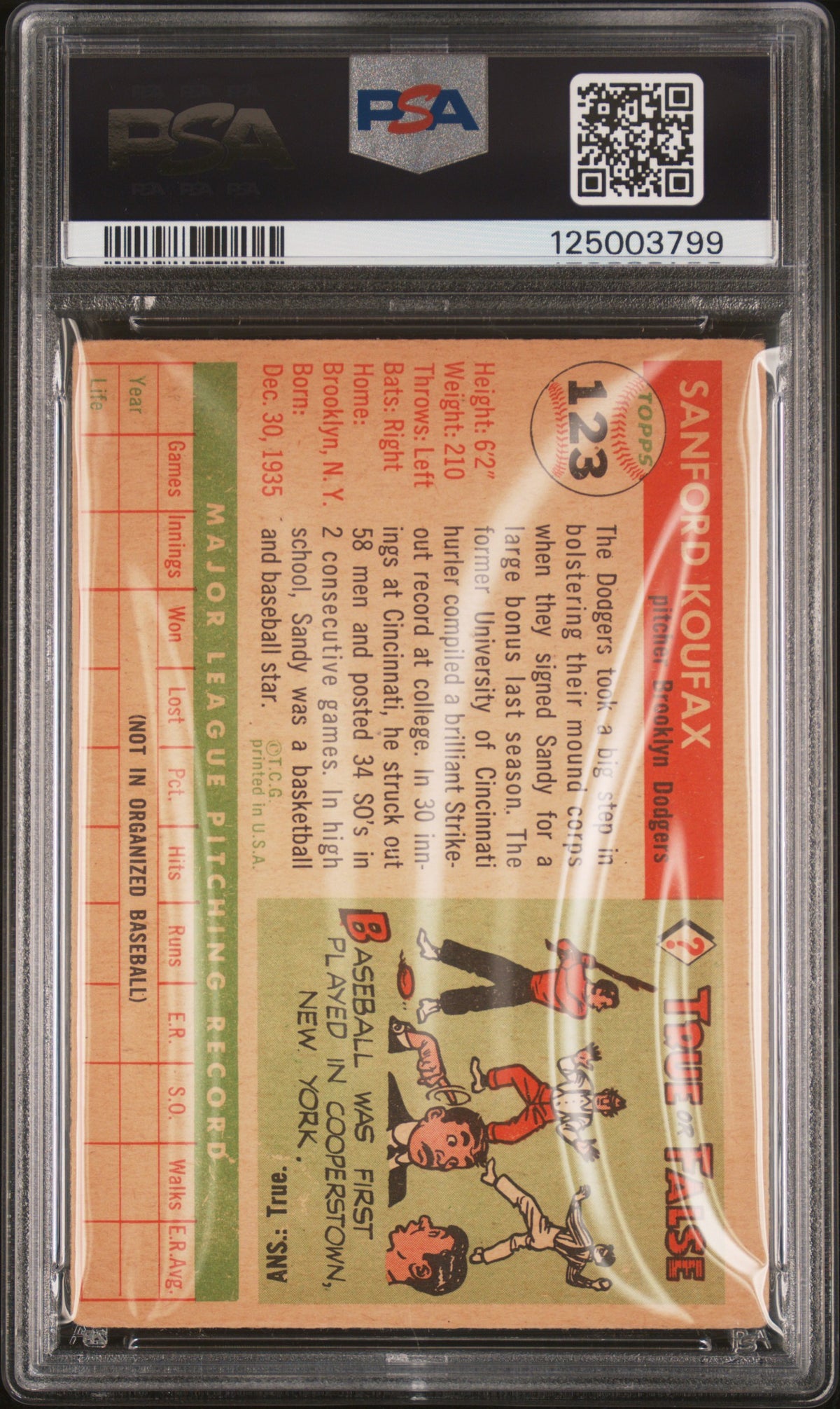 1955 Topps Sandy Koufax #123 PSA 2