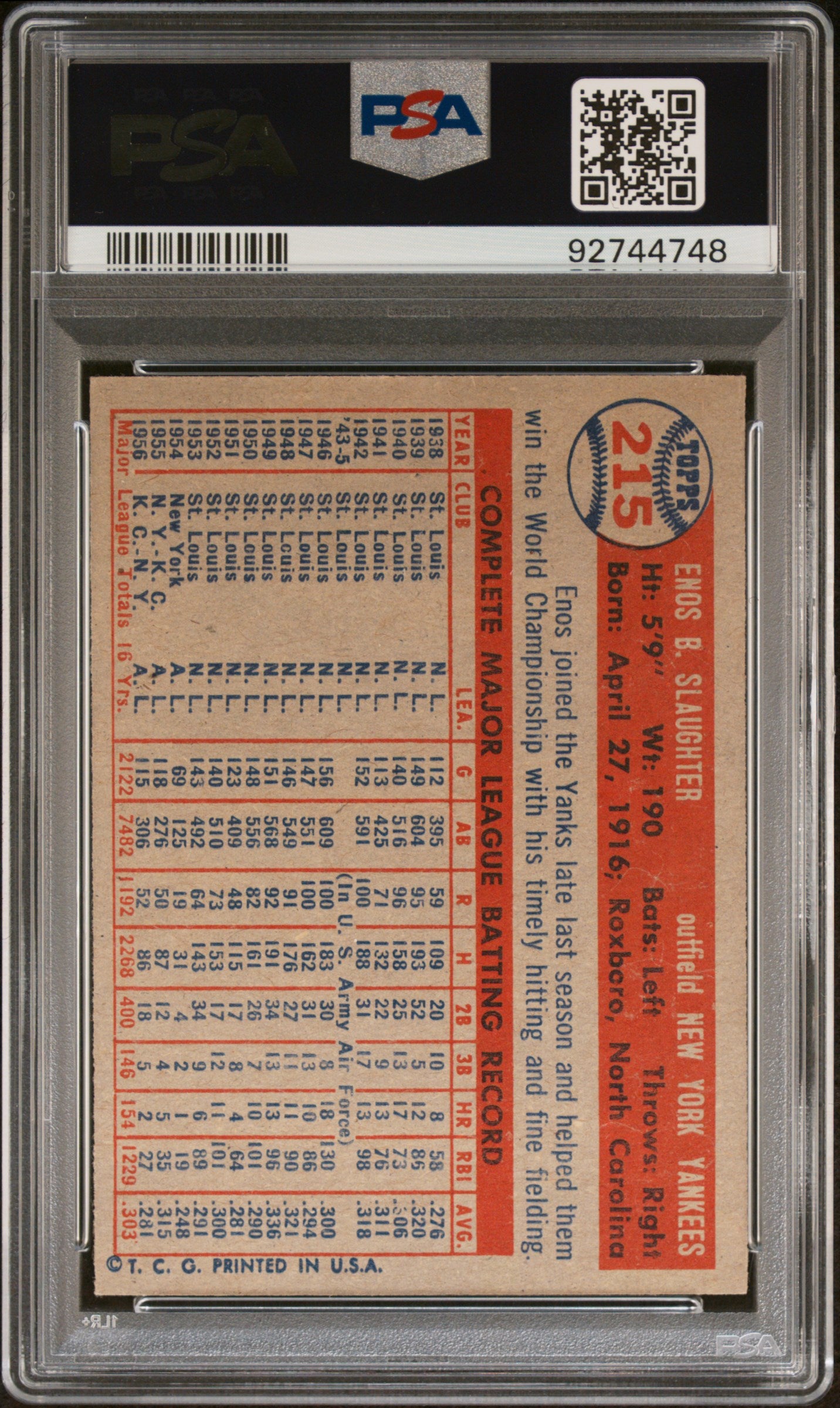 1957 Topps Enos Slaughter #215 PSA 7 Auto 10