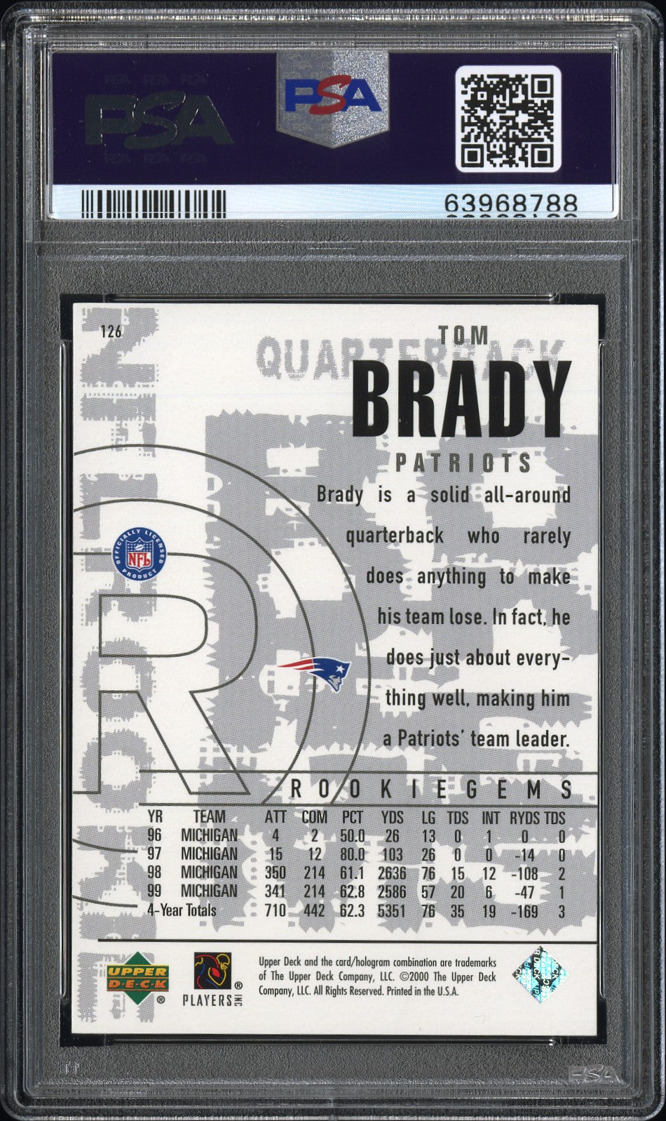 2000 Upper Deck Black Diamond Tom Brady #126 PSA 9