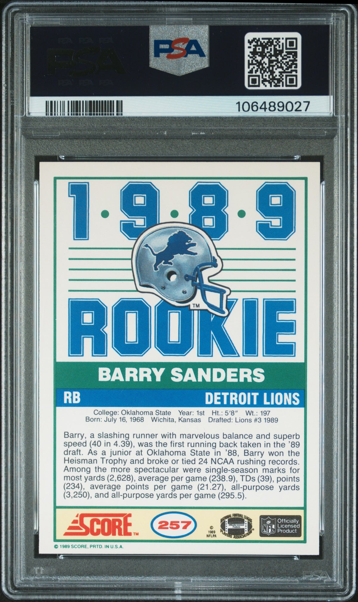 1989 Score Barry Sanders #257 PSA 8 Auto 10