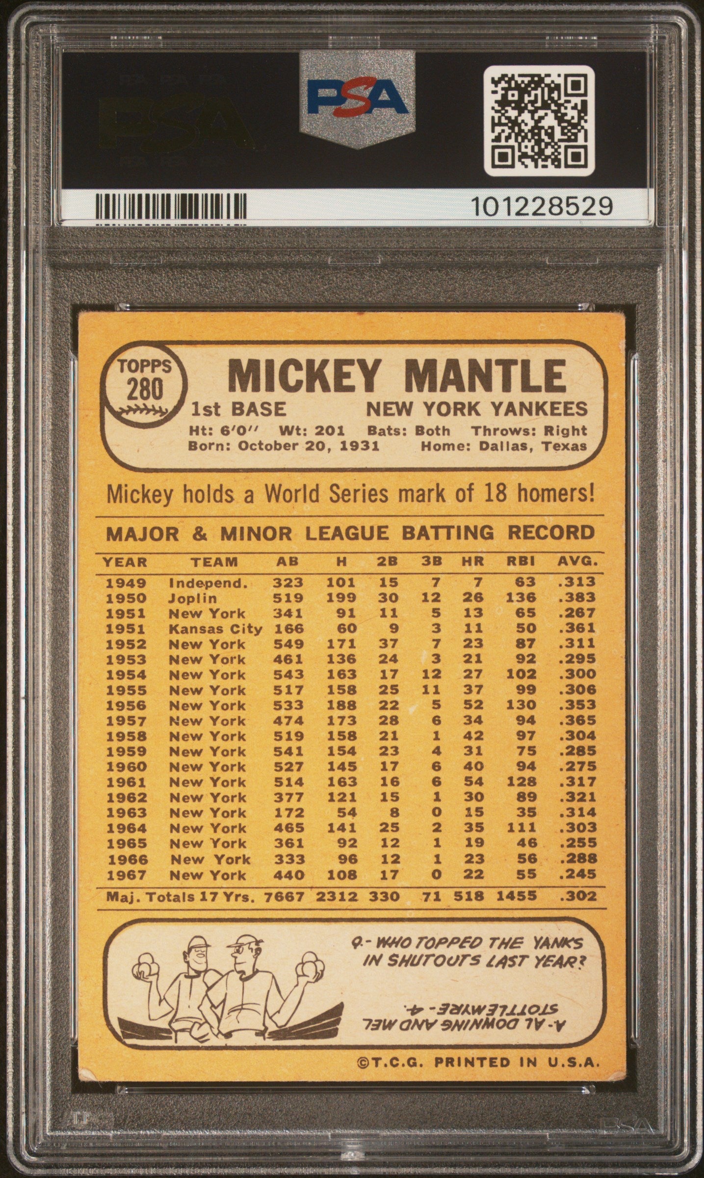 1968 Topps Mickey Mantle #280 PSA 2