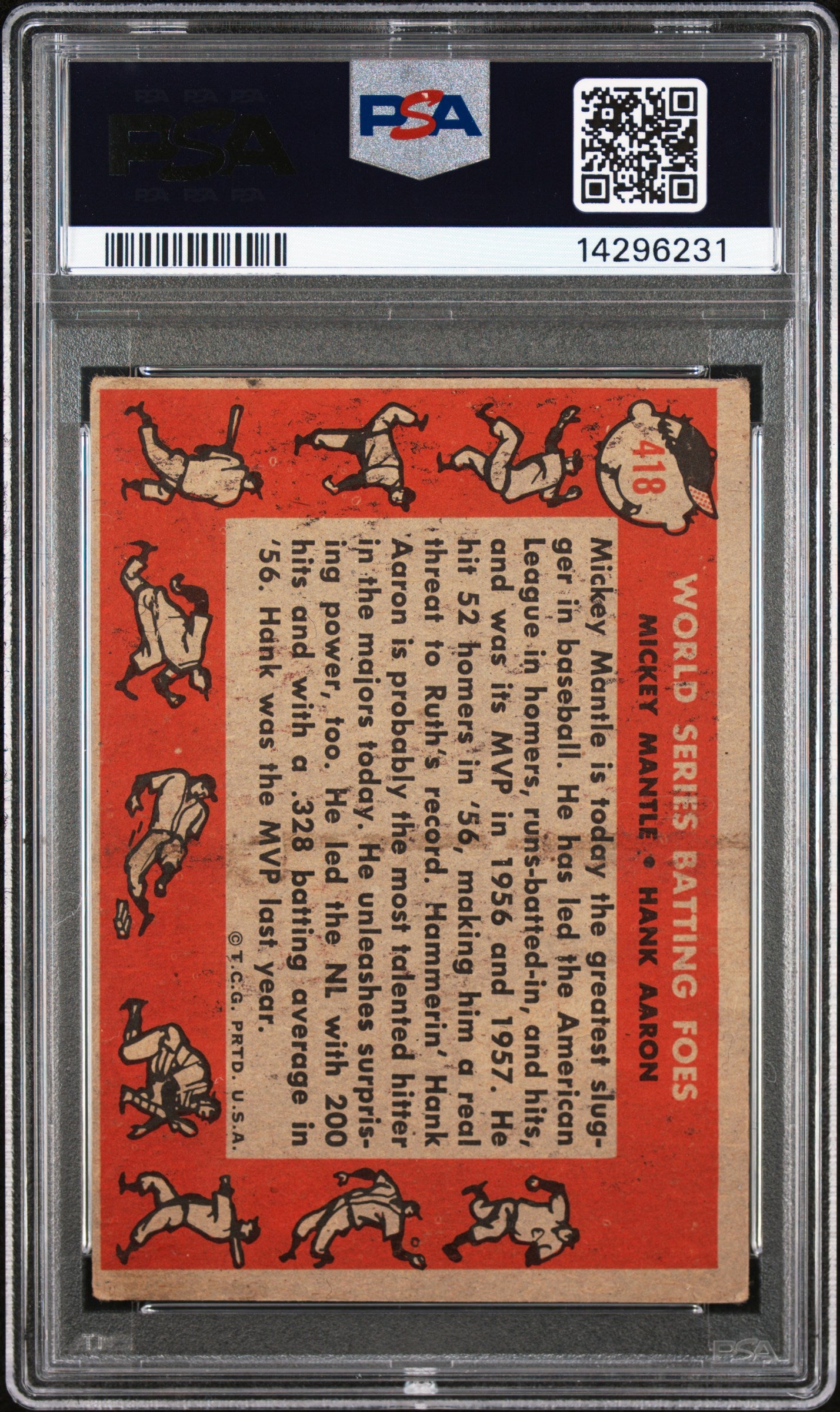 1958 Topps H. Aaron M. Mantle #418 W. S. Batting Foes PSA 3 Auto 9