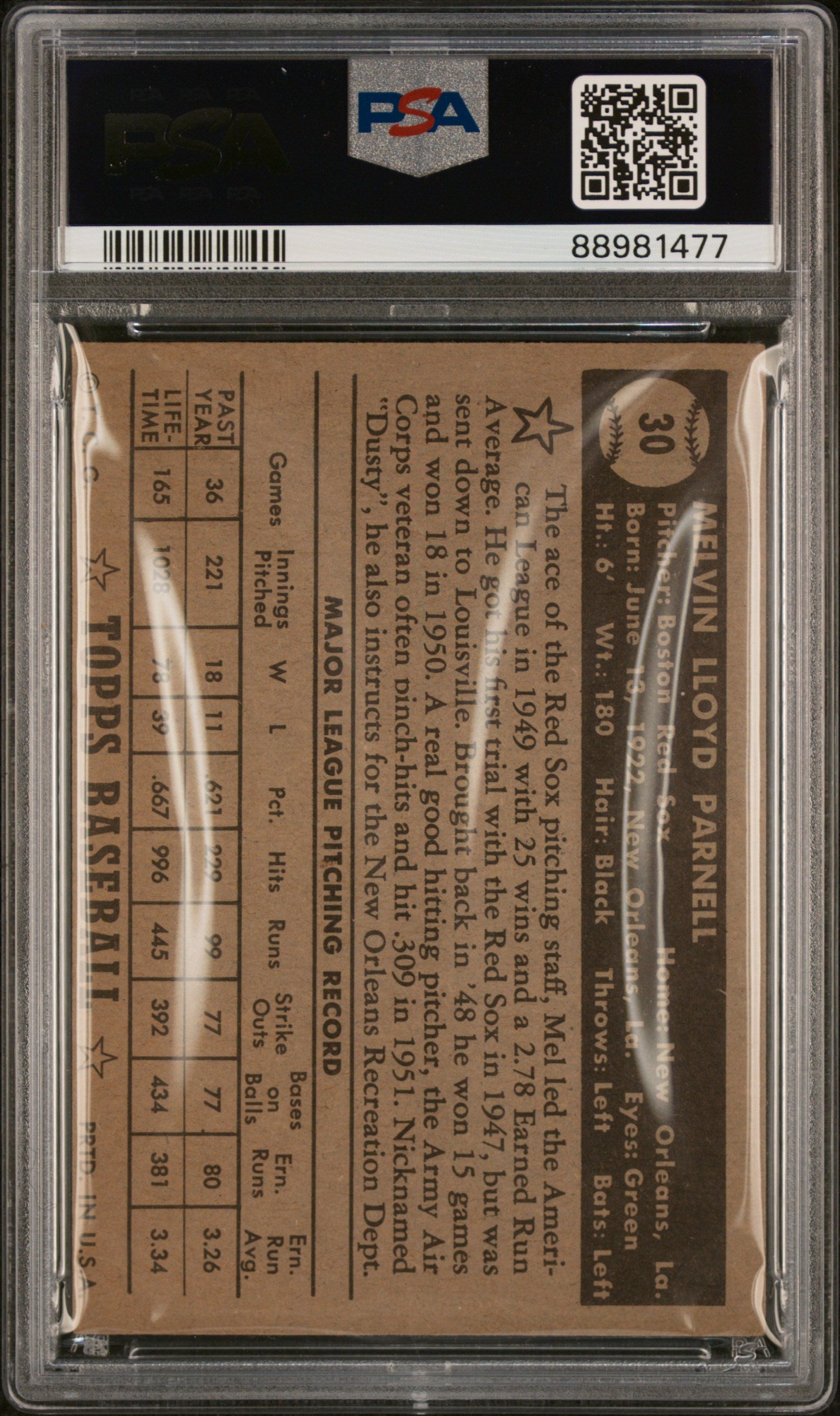 1952 Topps Mel Parnell #30 Black Back PSA 4