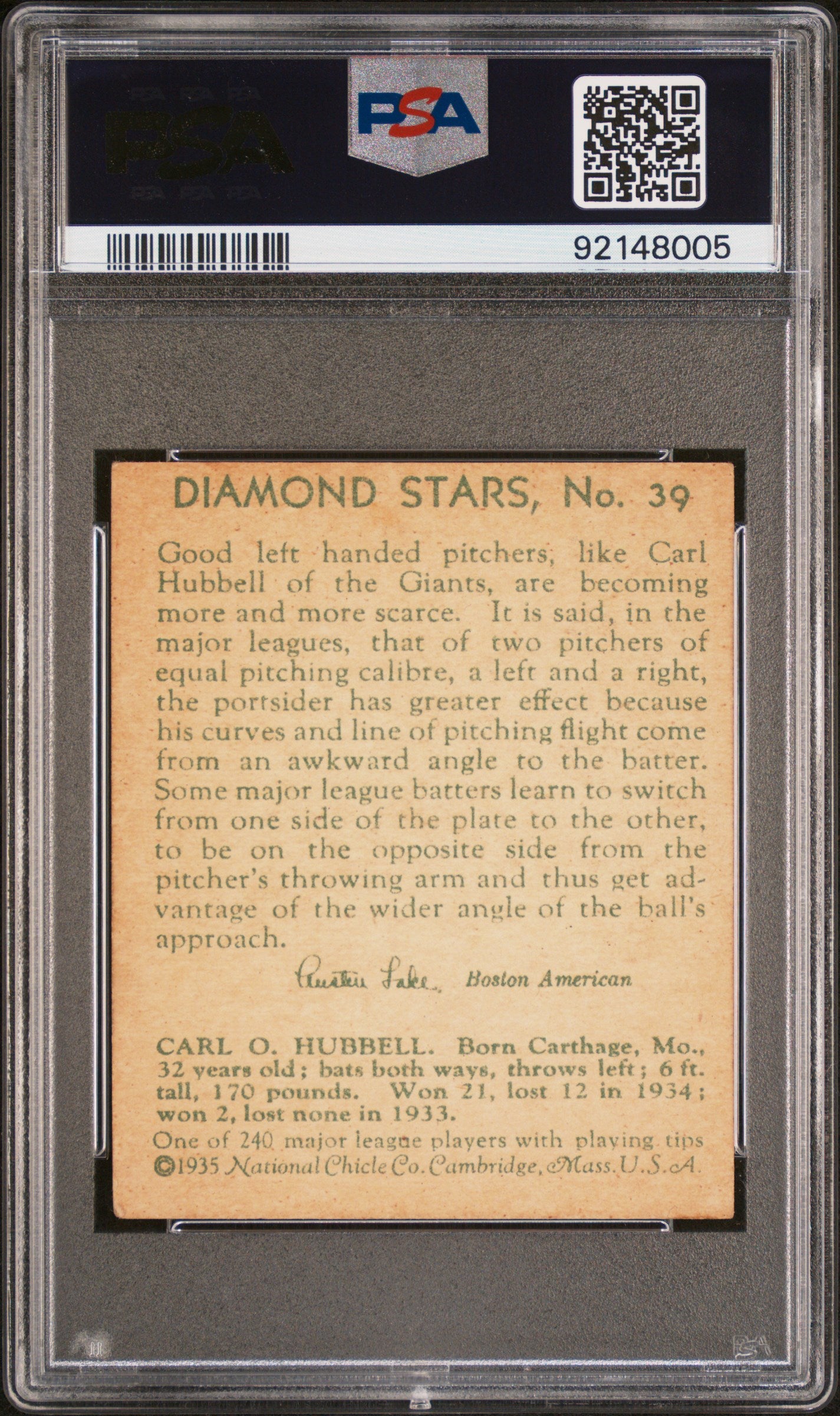 1935 Diamond Stars Carl Hubbell #39 PSA 4