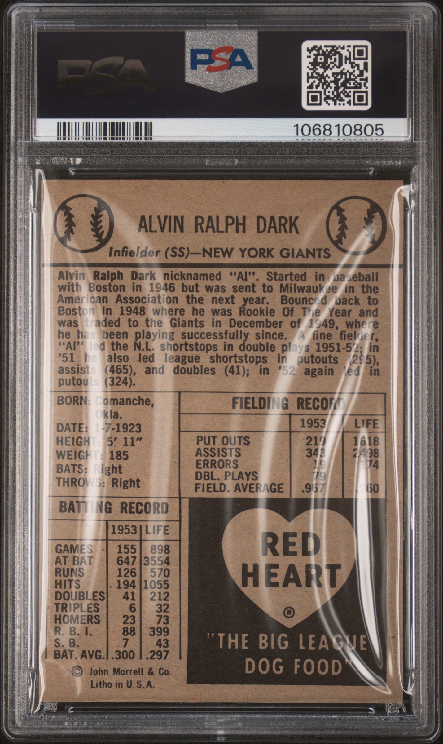 1954 Red Heart Alvin Dark PSA 8.5