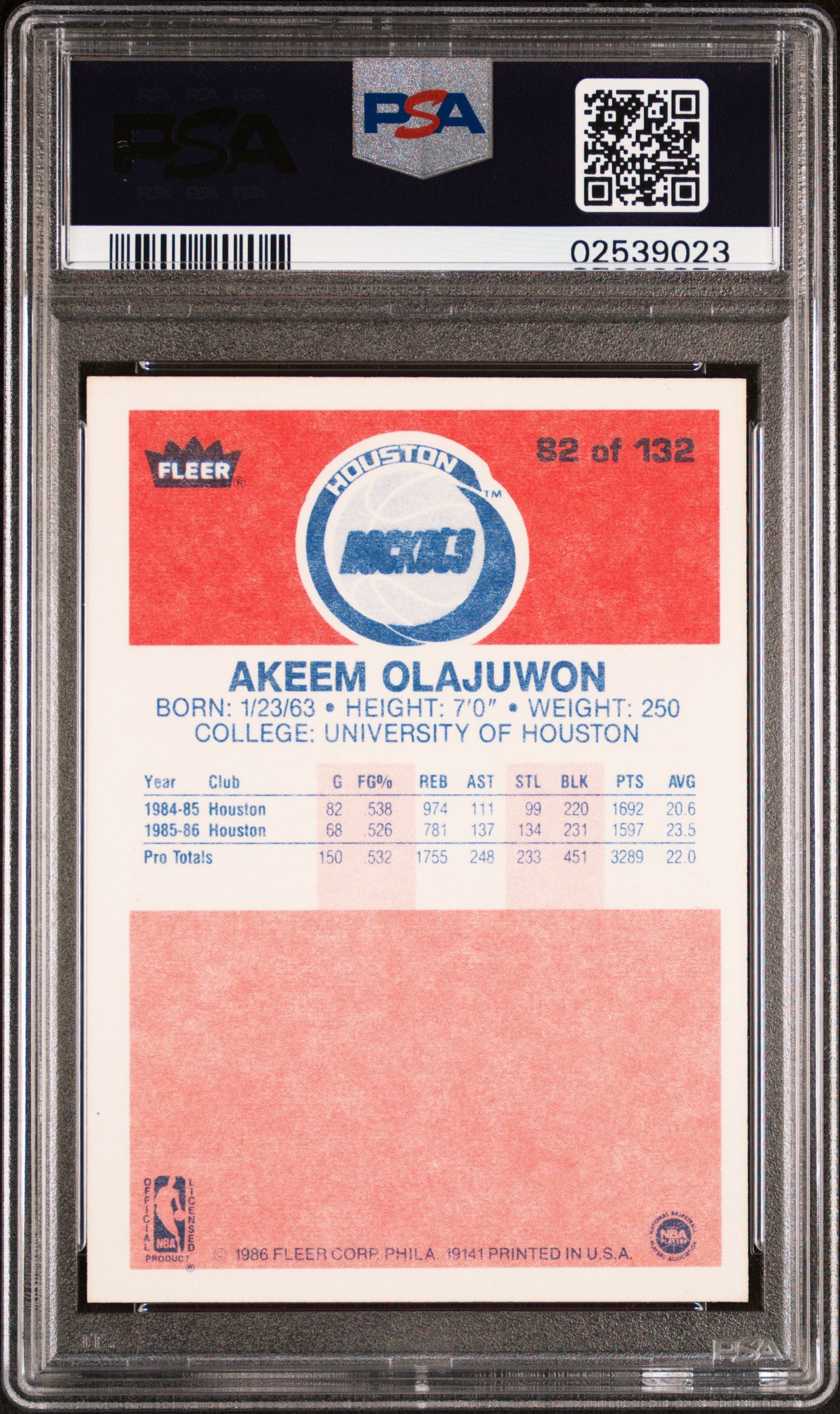 1986 Fleer Akeem Olajuwon #82 PSA 9