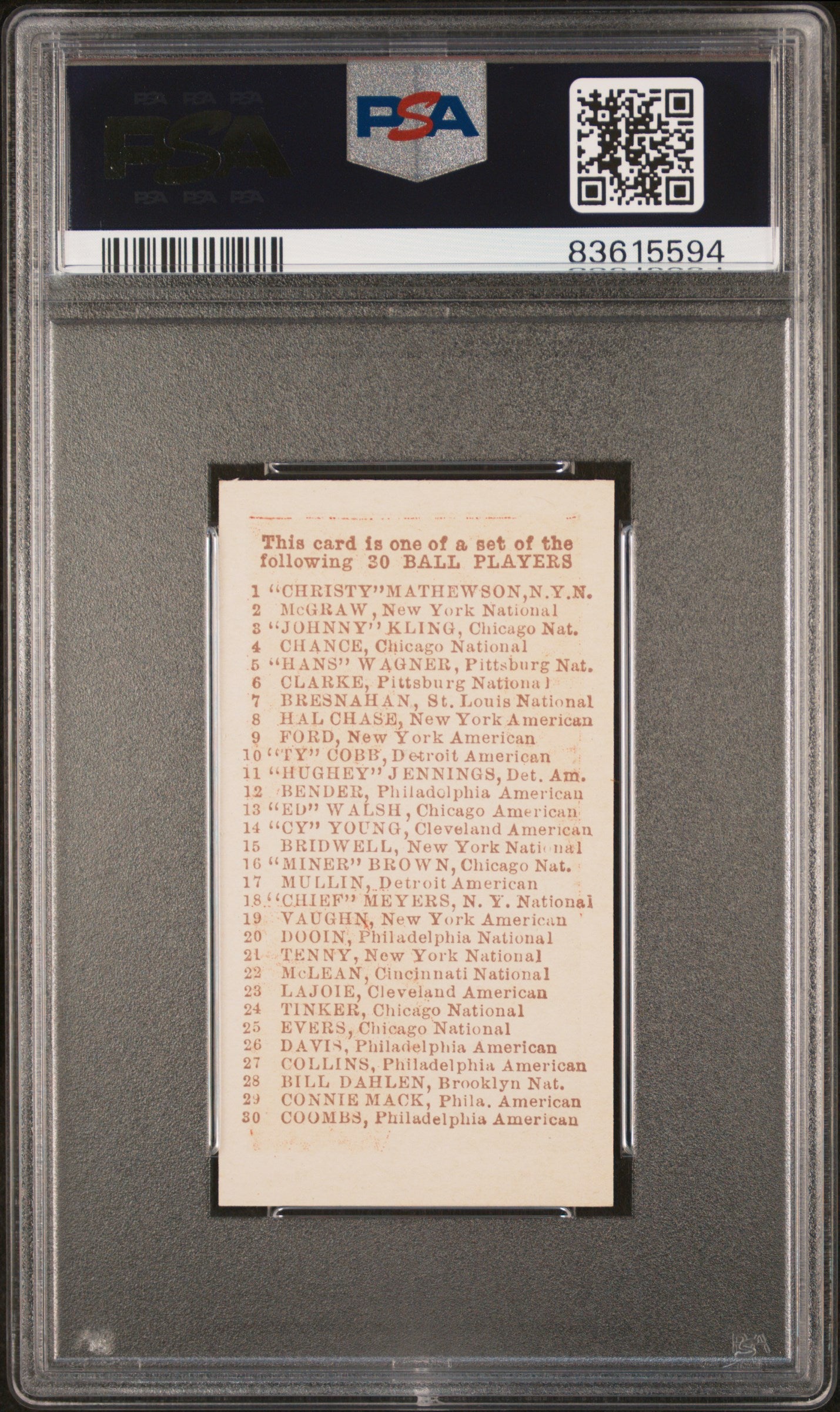 1910 E98 Set Of 30 Johnny Kling Red PSA 9