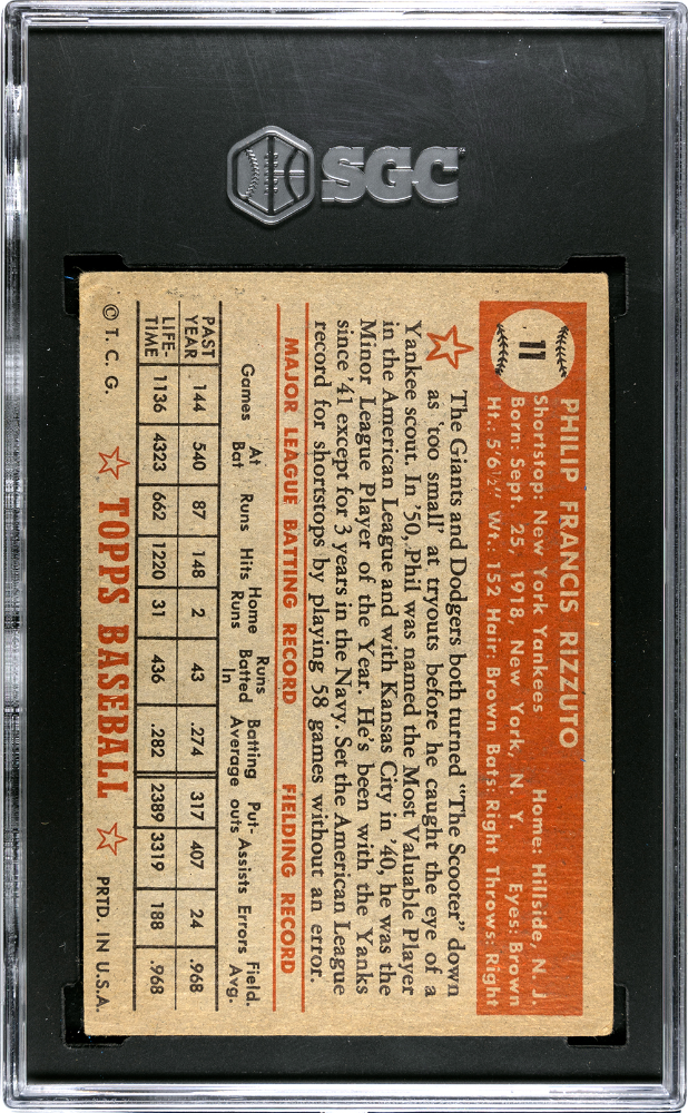 1952 Topps Phil Rizzuto #11 Red Back SGC 3