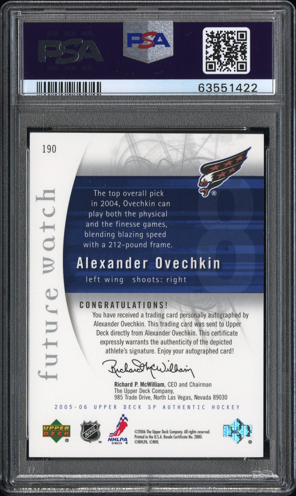 2005 SP Authentic Alexander Ovechkin #190 Autograph 267/999 PSA 9 Auto 10