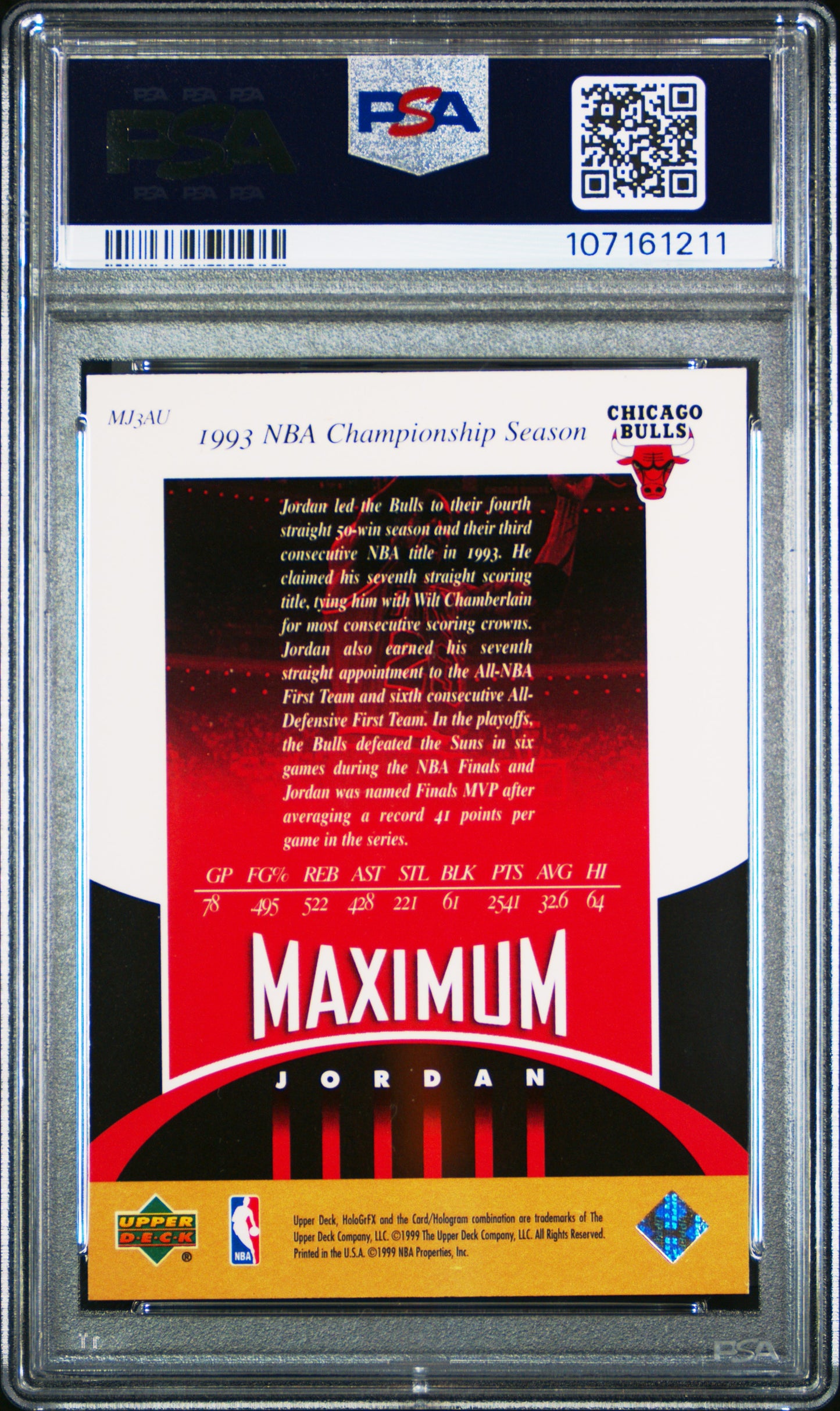 1999 Upper Deck Hologrfx Maximum Jordan Michael Jordan #MJ3 Ausome PSA 9