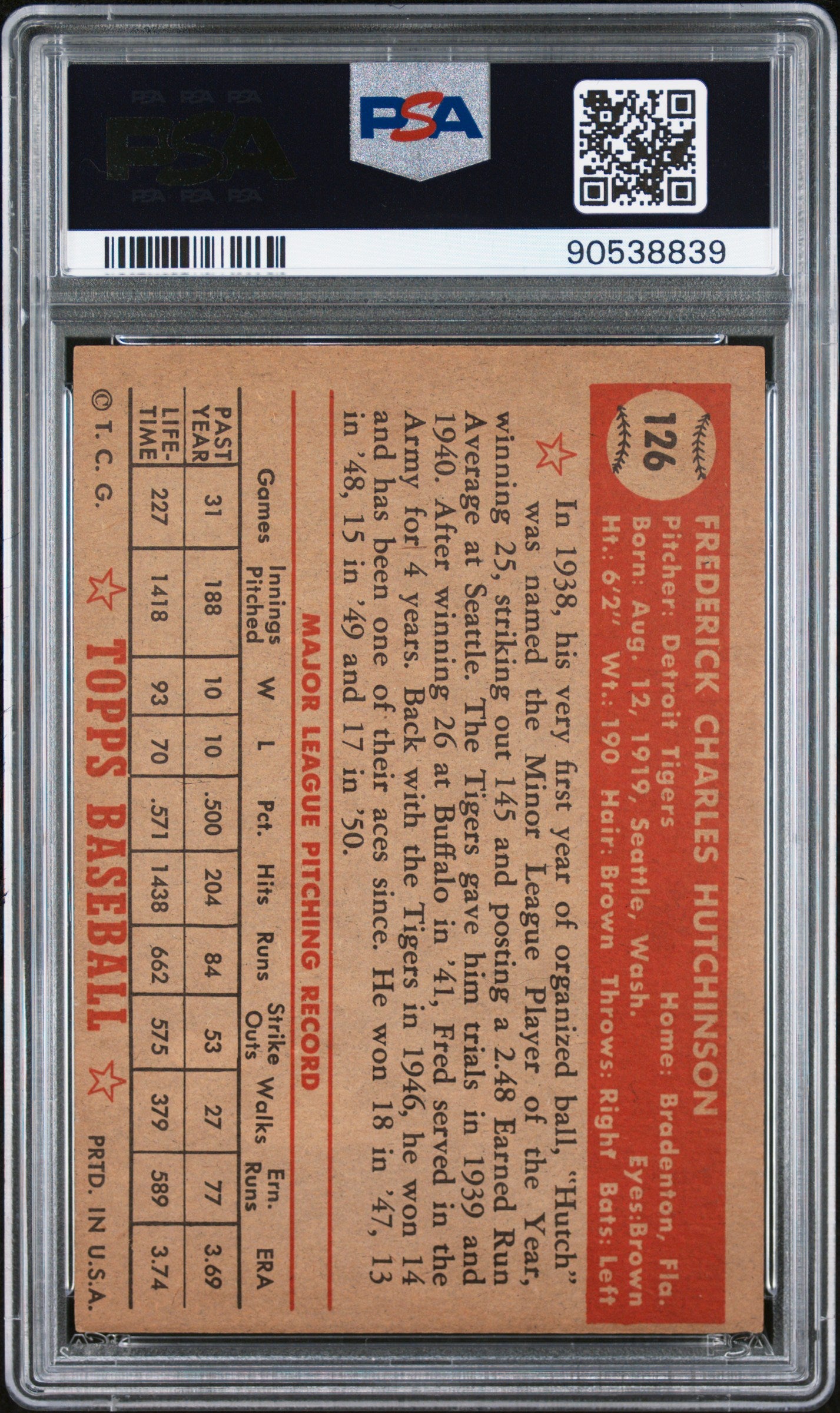 1952 Topps Fred Hutchinson #126 PSA 7