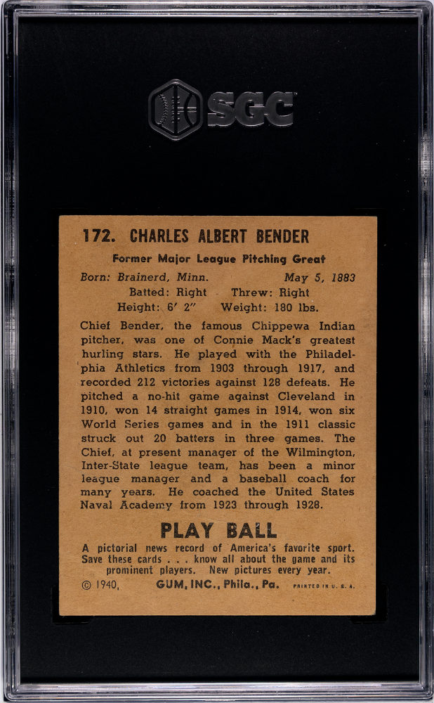 1940 Playball Chief Bender #172 SGC 1.5