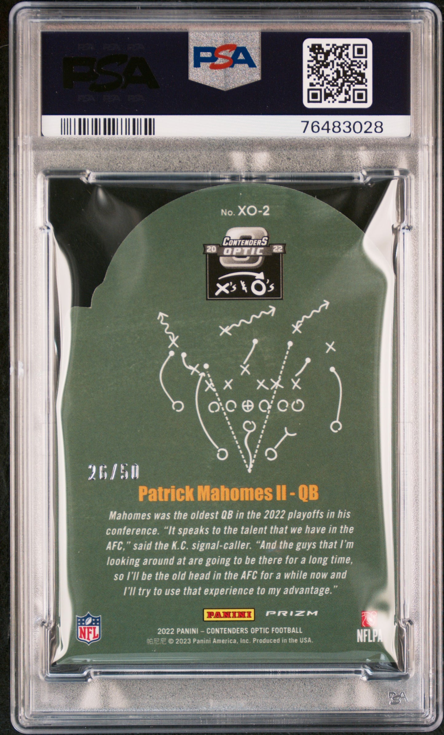 2022 Panini Contenders Optic X'S & O's Patrick Mahomes II #XO2 Orange PSA 9