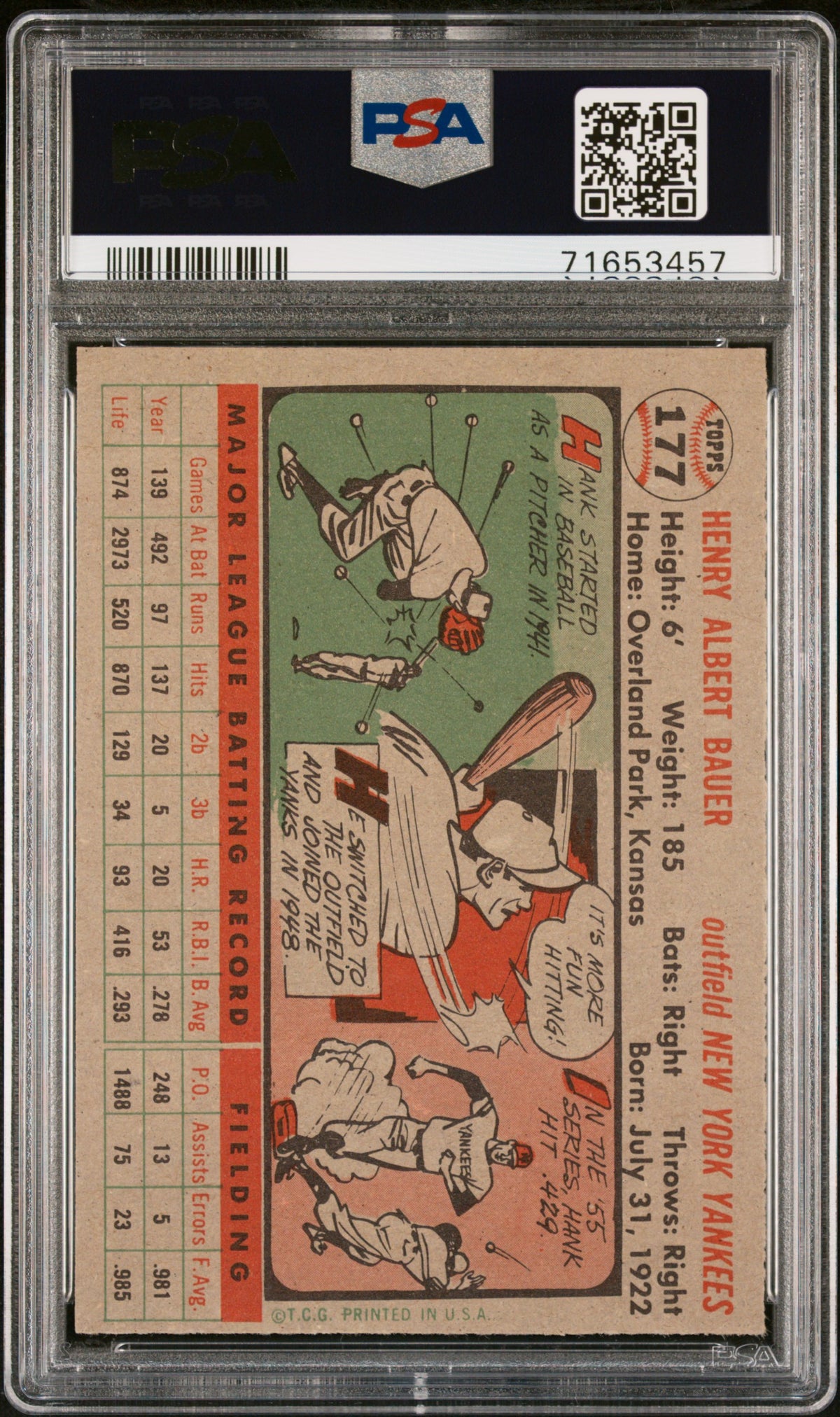 1956 Topps Hank Bauer #177 Gray Back PSA 7