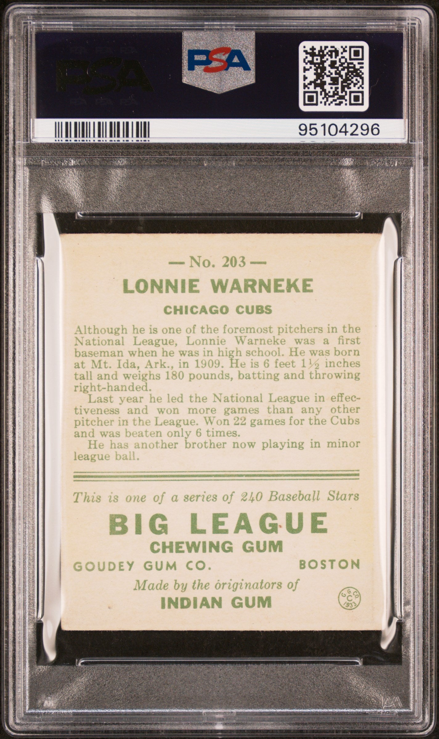 1933 Goudey Lonnie Warneke #203 PSA 4
