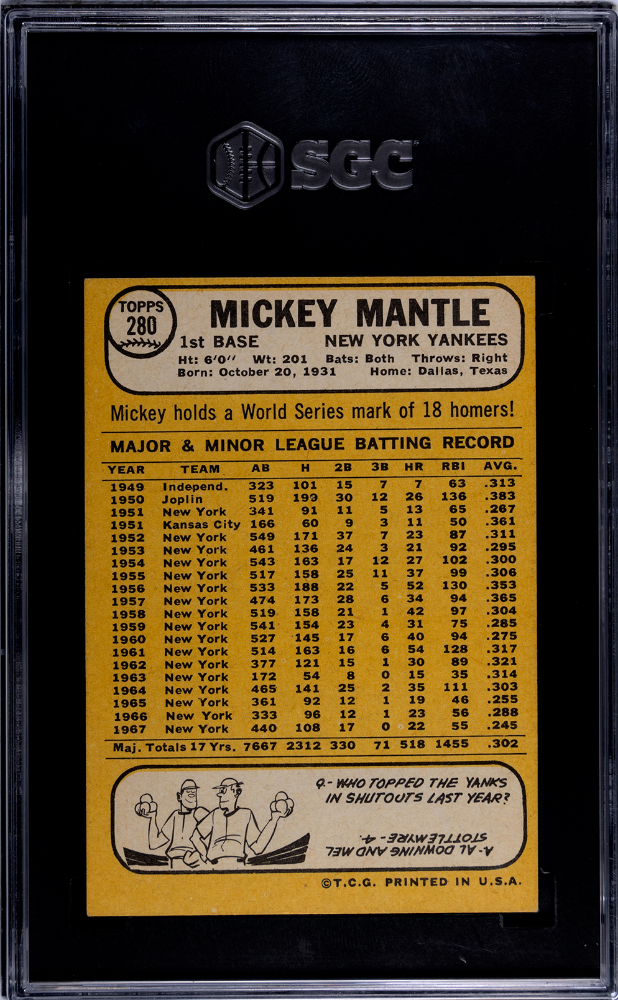1968 Topps Mickey Mantle #280 SGC 6