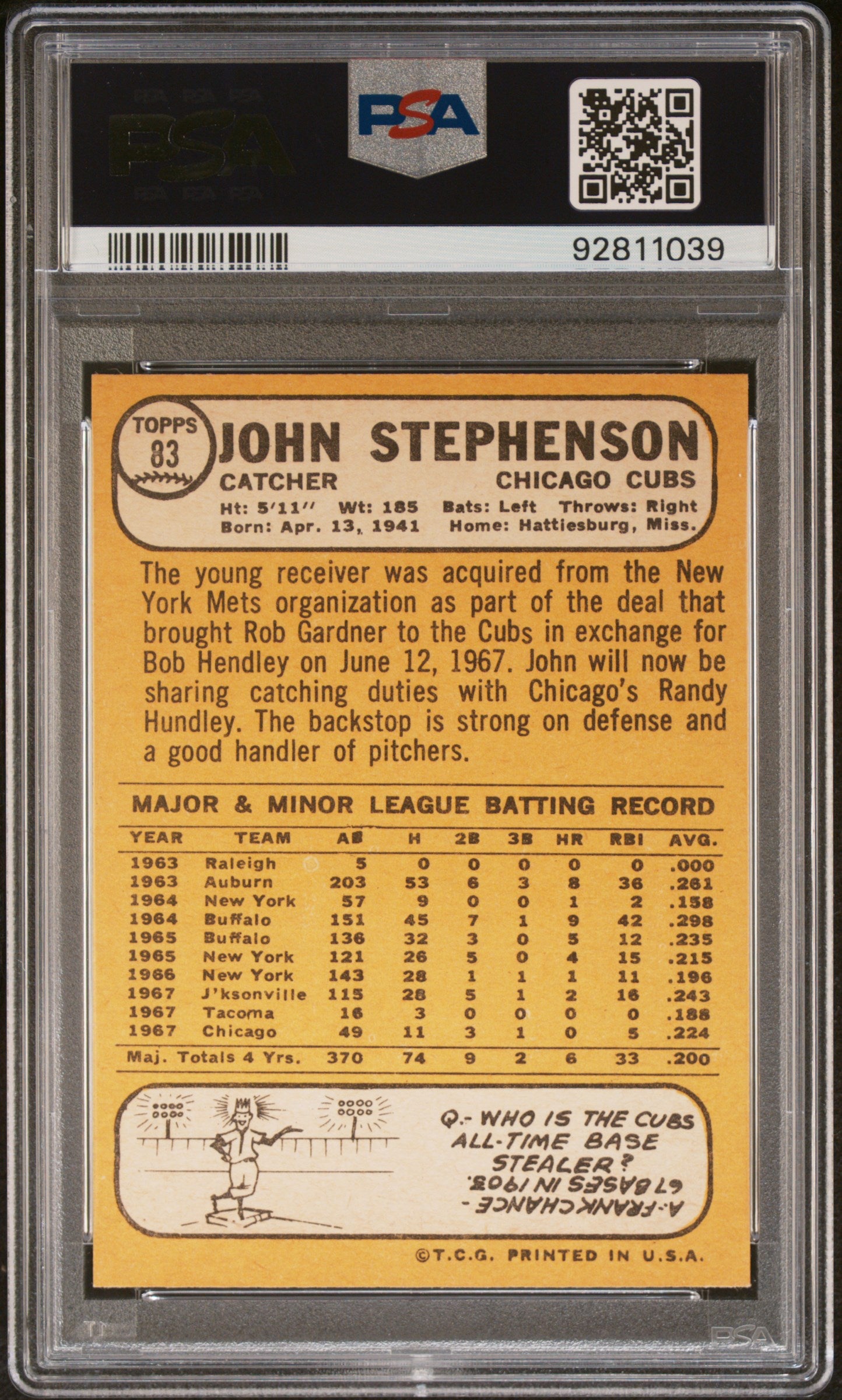 1968 Topps John Stephenson #83 PSA 10