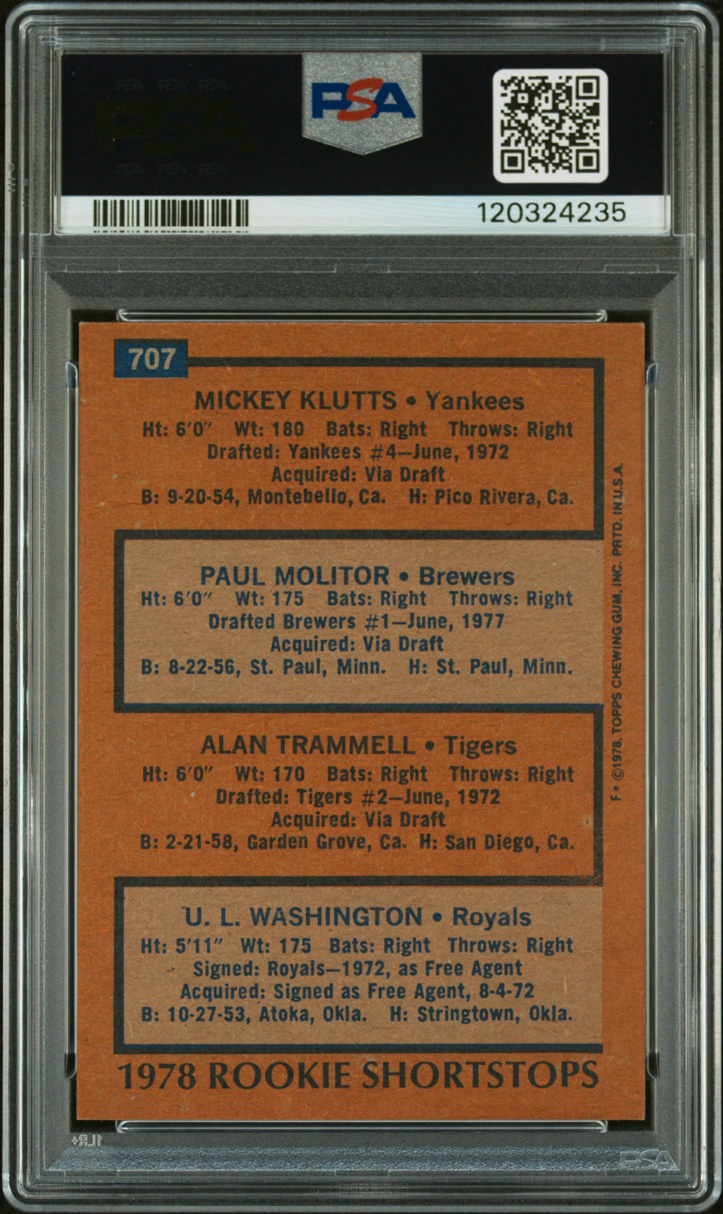 1978 Topps Rookie Shortstops #707 Rookie Shortstops PSA 6 Auto 10