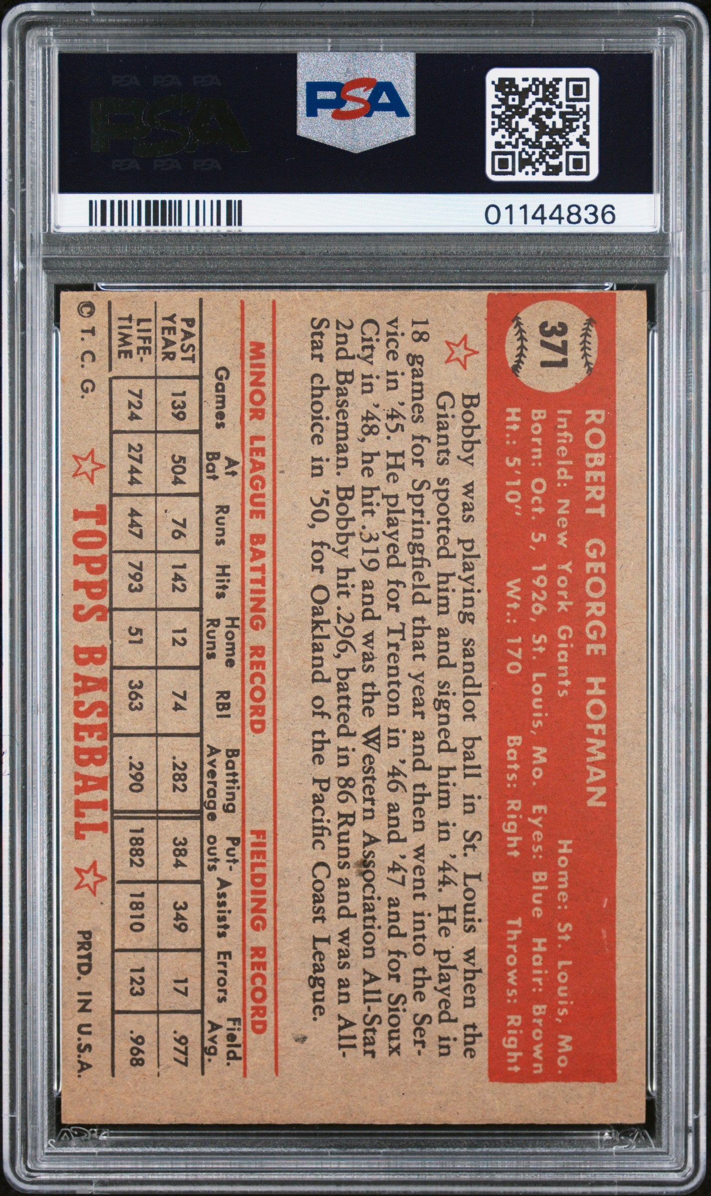 1952 Topps Bob Hofman #371 PSA 7