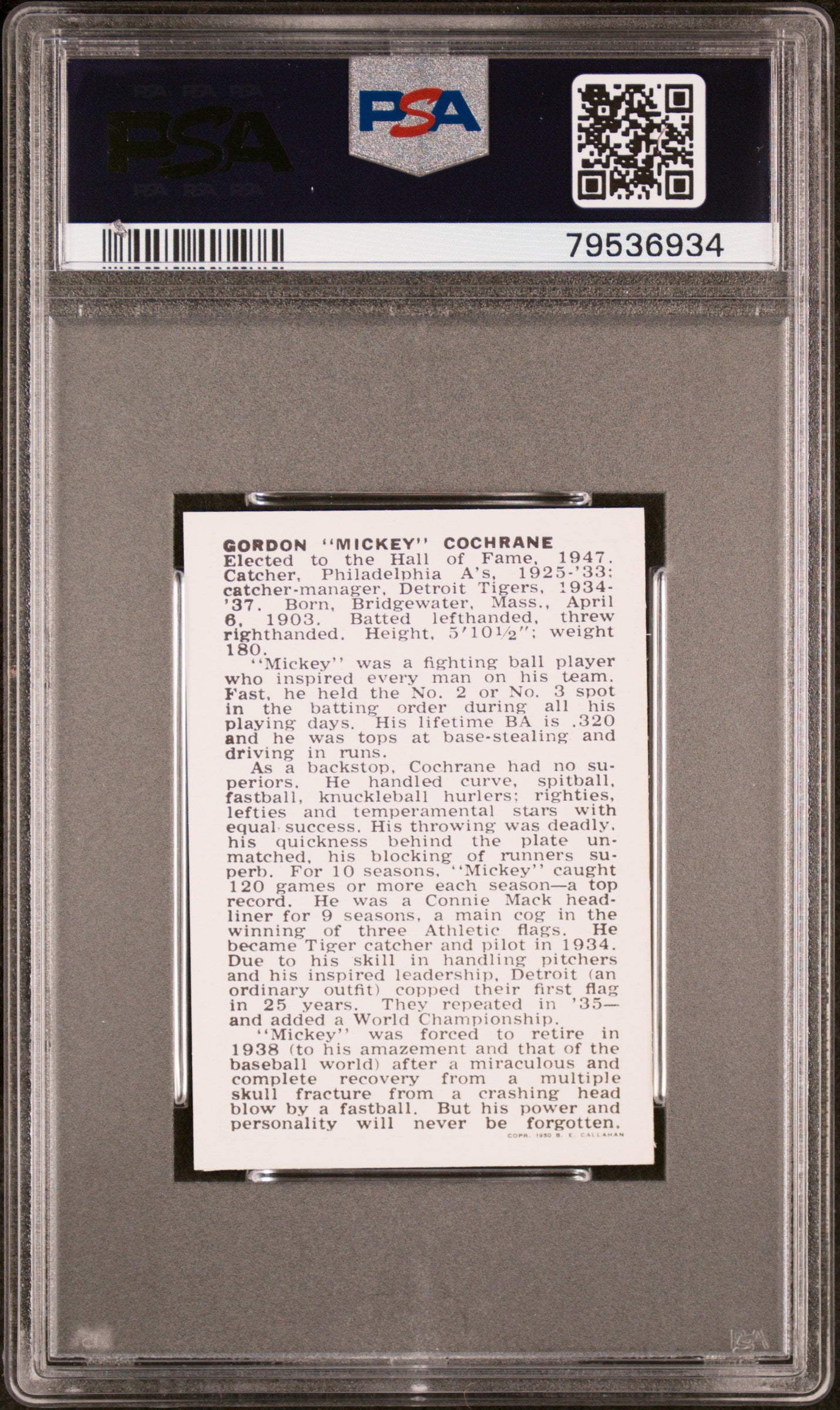 1950 Callahan Hall Of Fame Mickey Cochrane Correct Name PSA 9