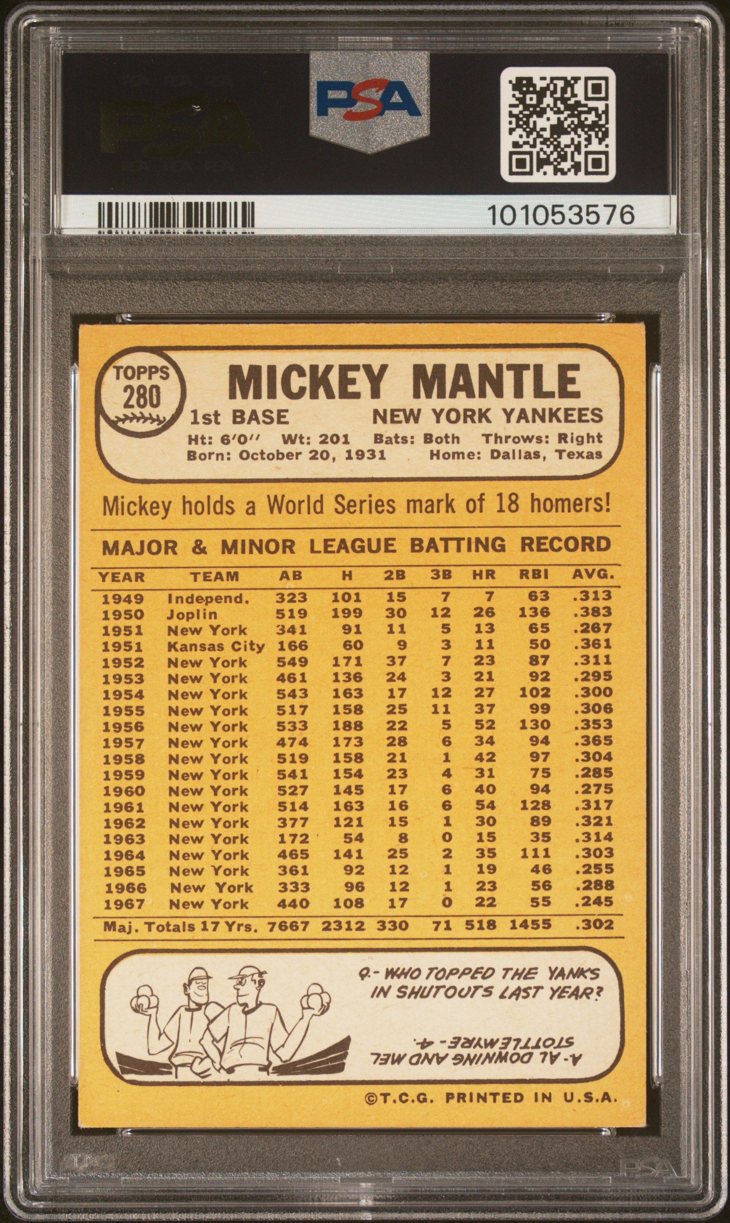 1968 Topps Mickey Mantle #280 PSA 4