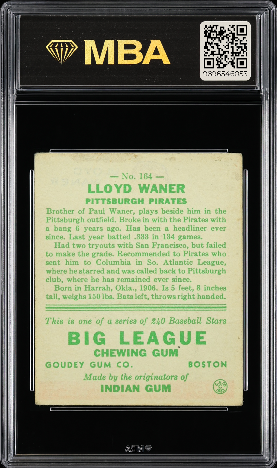 1933 Goudey Lloyd Waner #164 MBA 4
