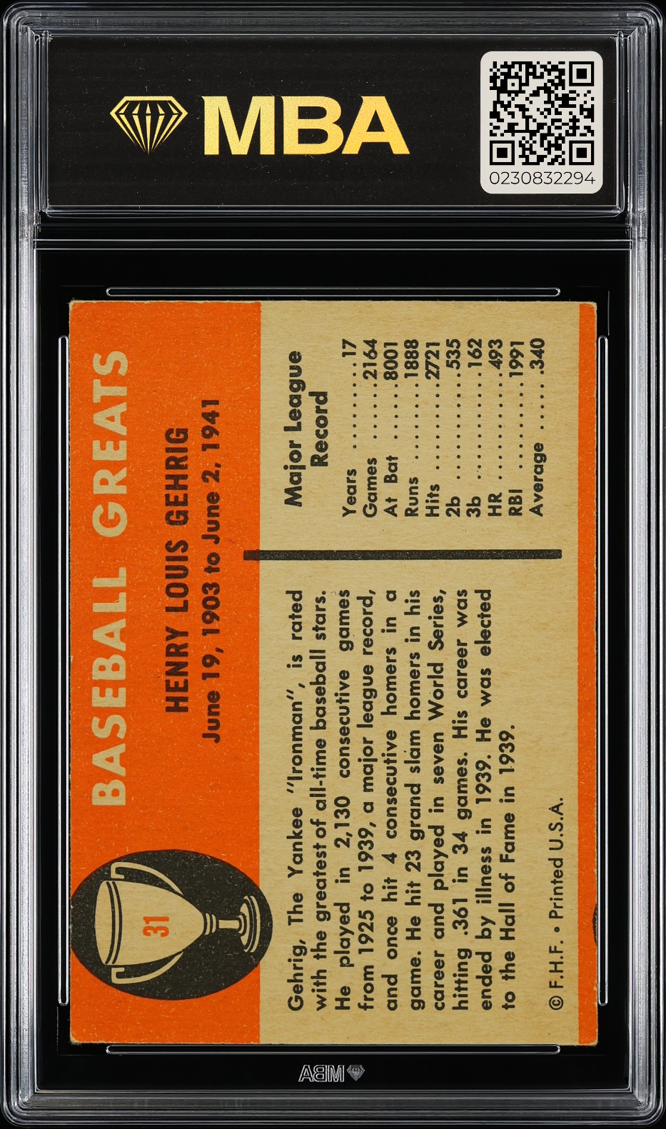 1961 Fleer Lou Gehrig #31 MBA 3