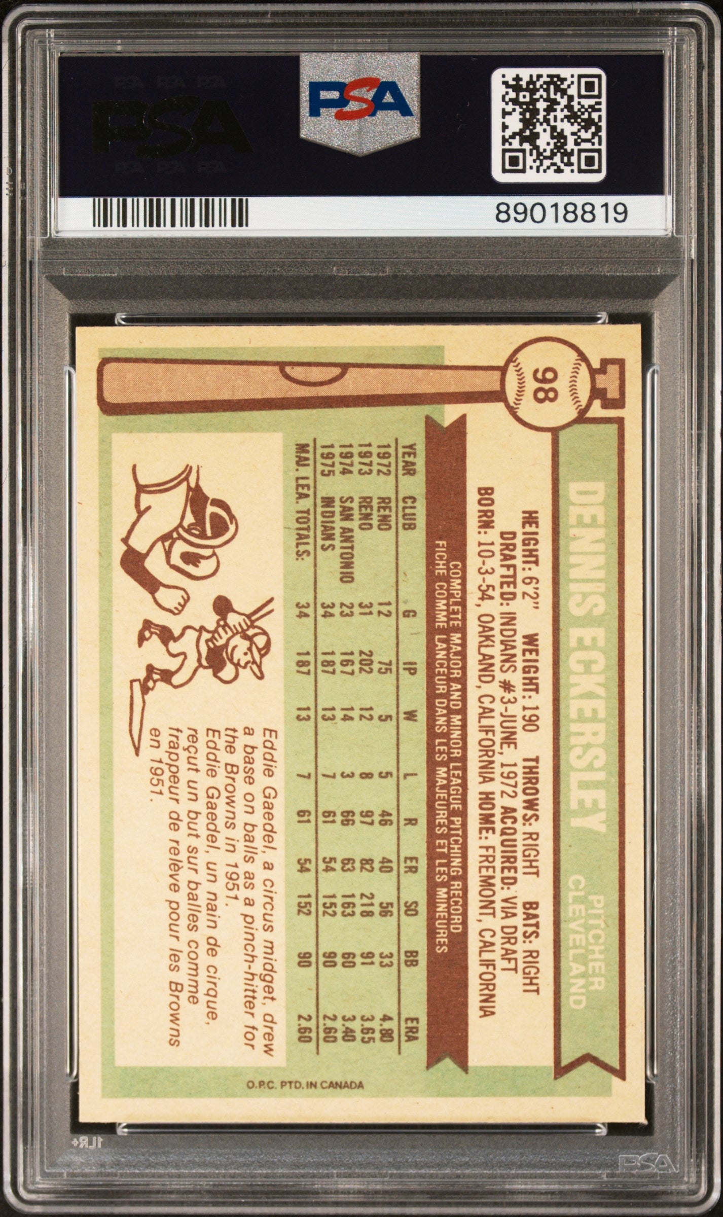 1976 O-Pee-Chee Dennis Eckersley #98 PSA 9