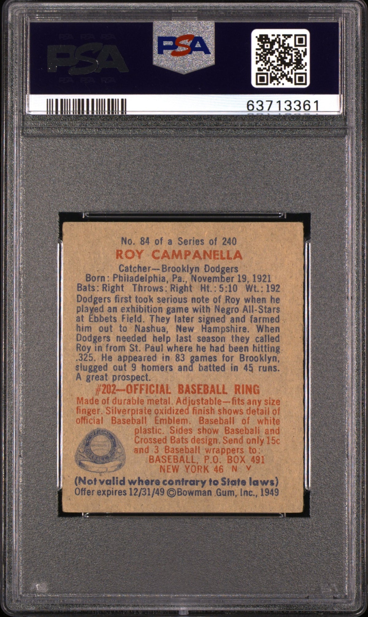 1949 Bowman Roy Campanella #84 PSA 5