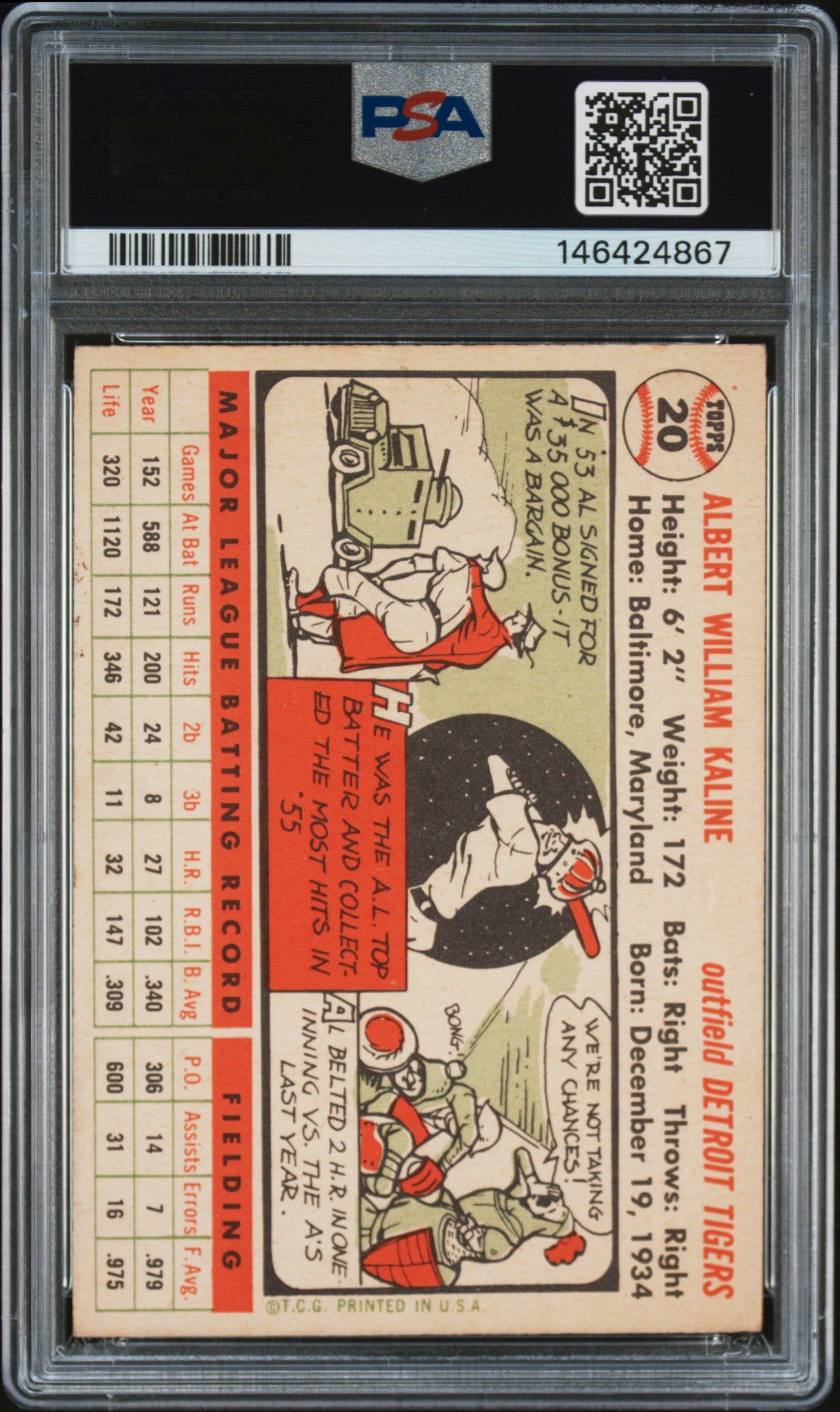 1956 Topps Al Kaline #20 White Back PSA 6 Auto 10