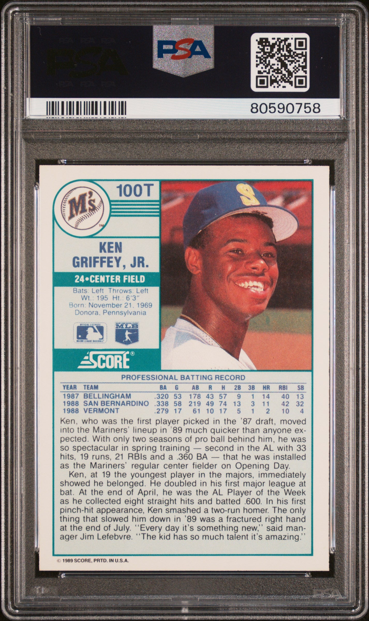 1989 Score Traded Ken Griffey JR. #100T PSA 10 Auto 10
