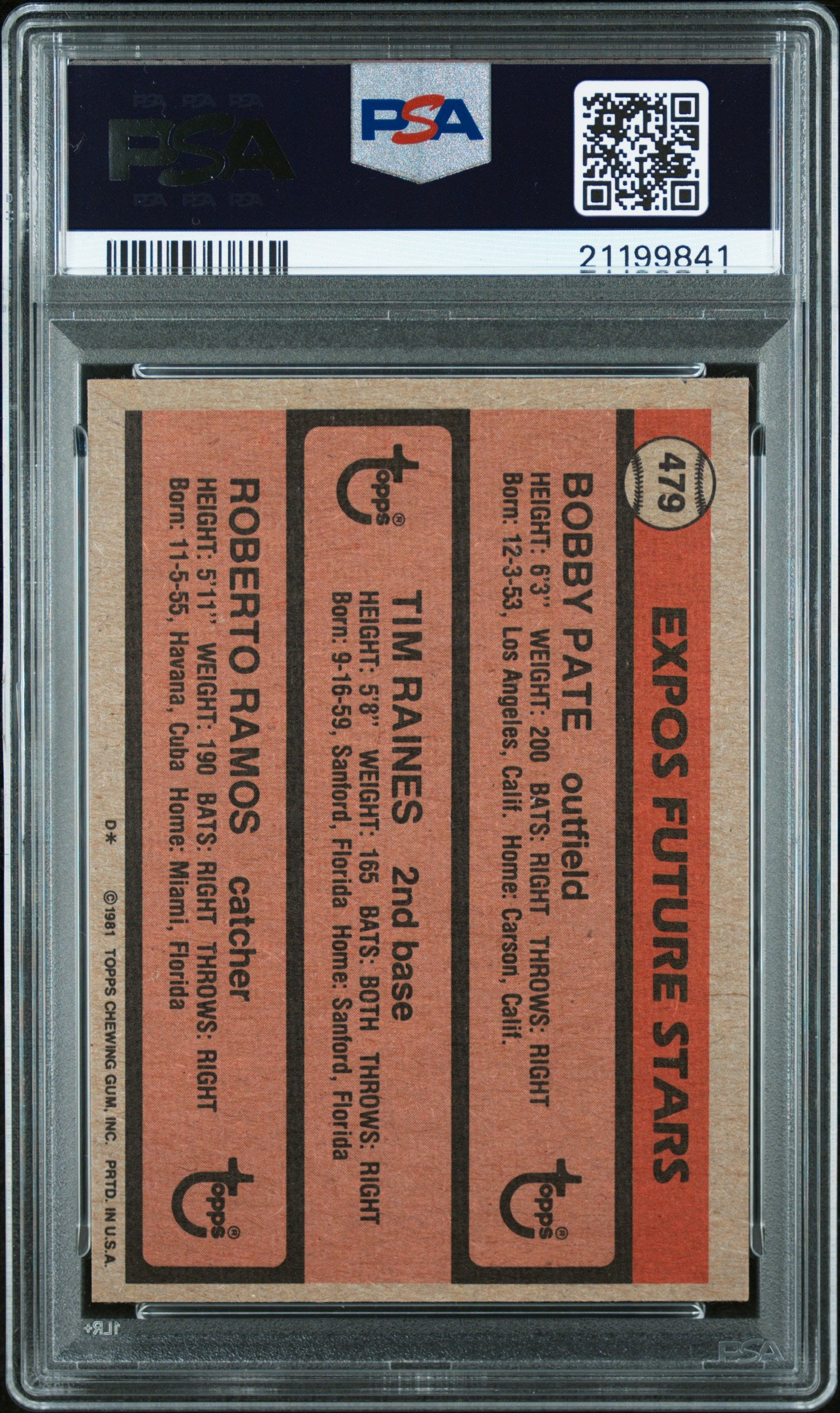 1981 Topps Expos Future Stars #479 T. Raines R. Ramos B. Pate PSA 10