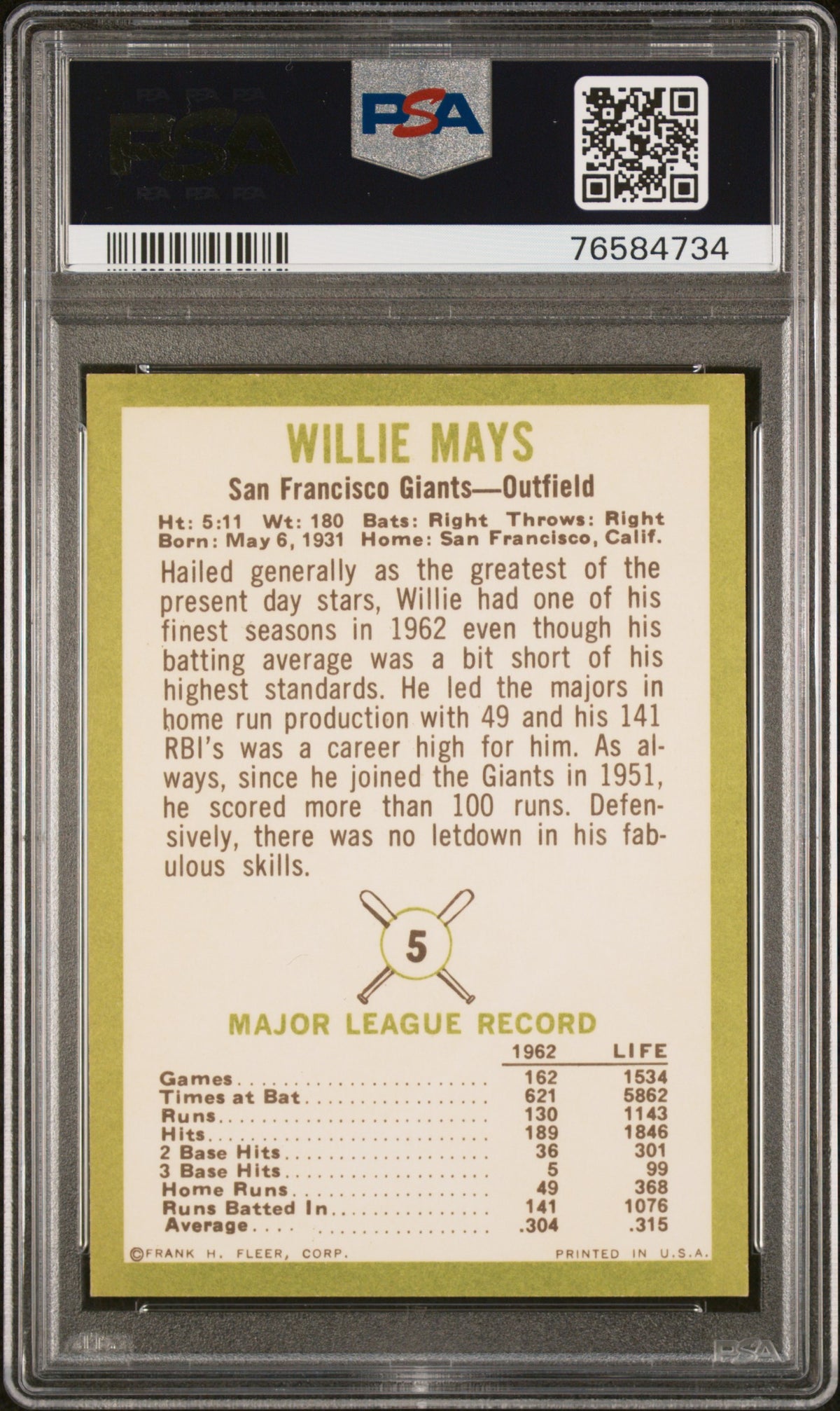 1963 Fleer Willie Mays #5 PSA 8