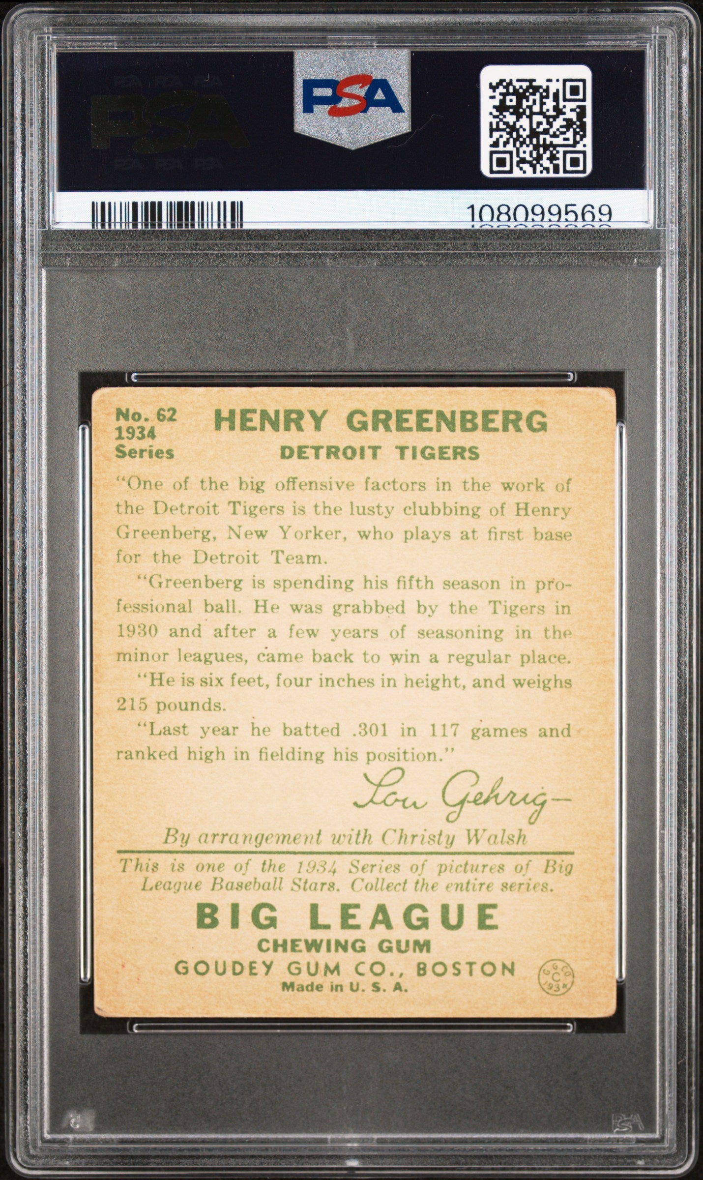 1934 Goudey Hank Greenberg #62 PSA 2.5