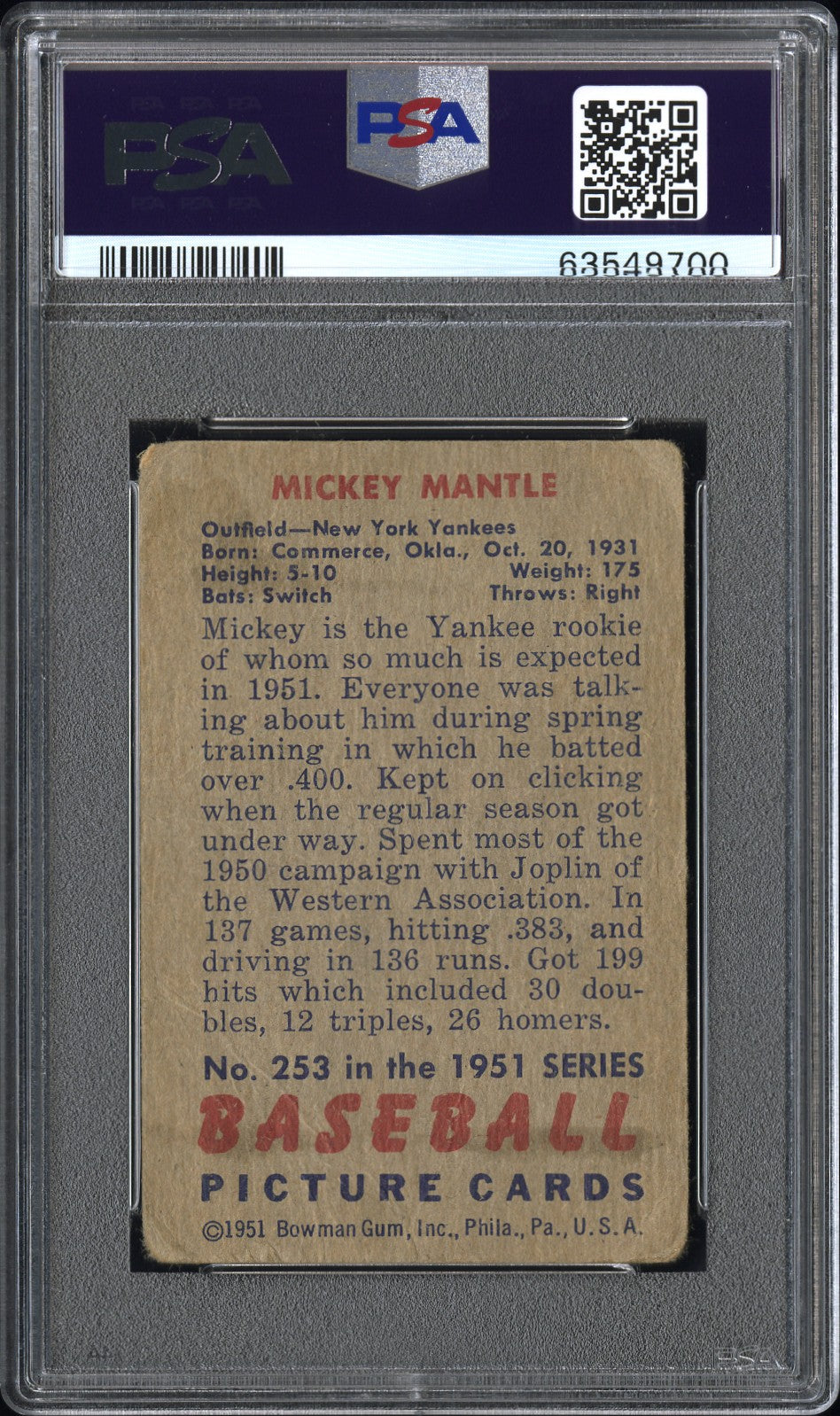 1951 Bowman Mickey Mantle #253 PSA 1.5