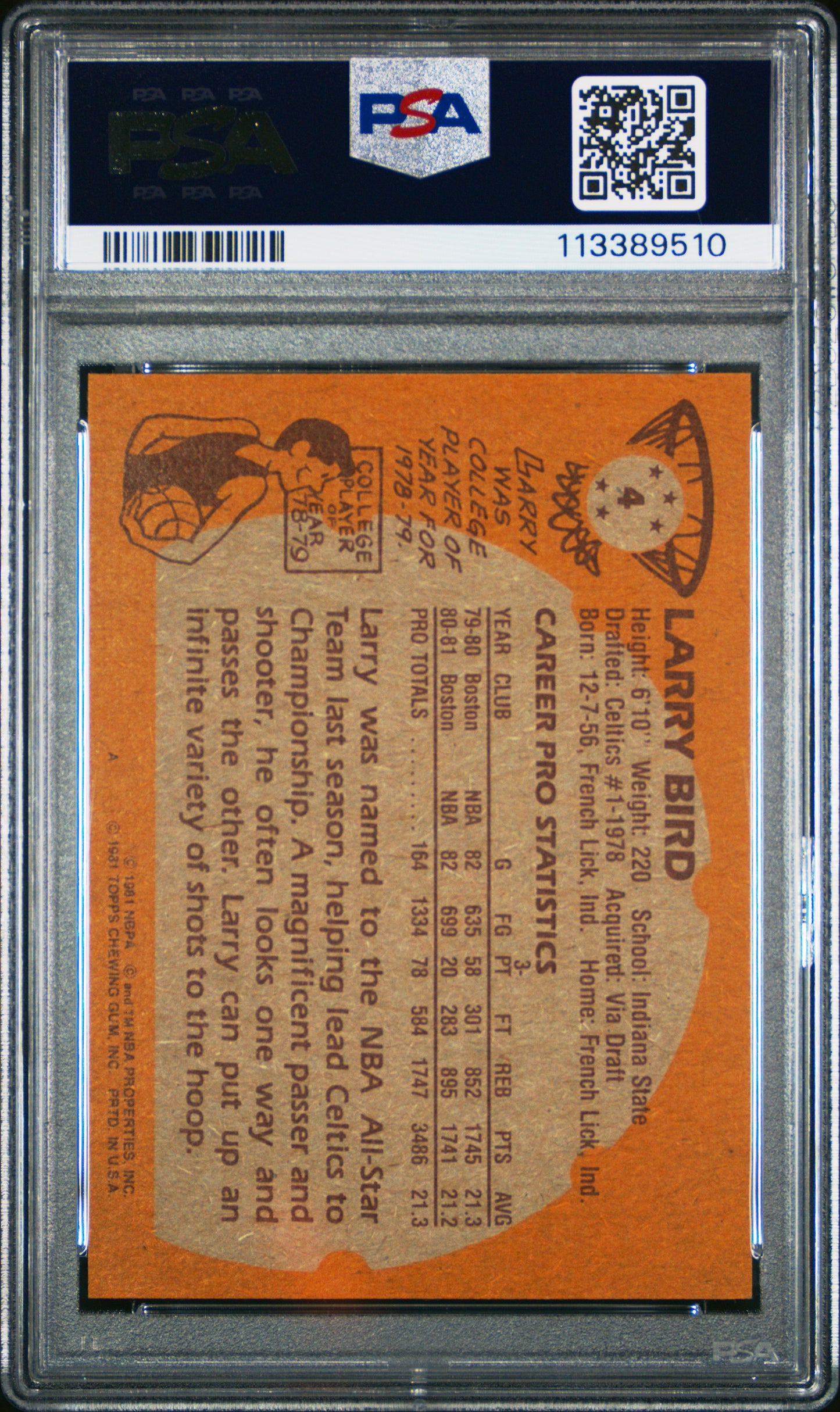 1981 Topps Larry Bird #4 PSA 8